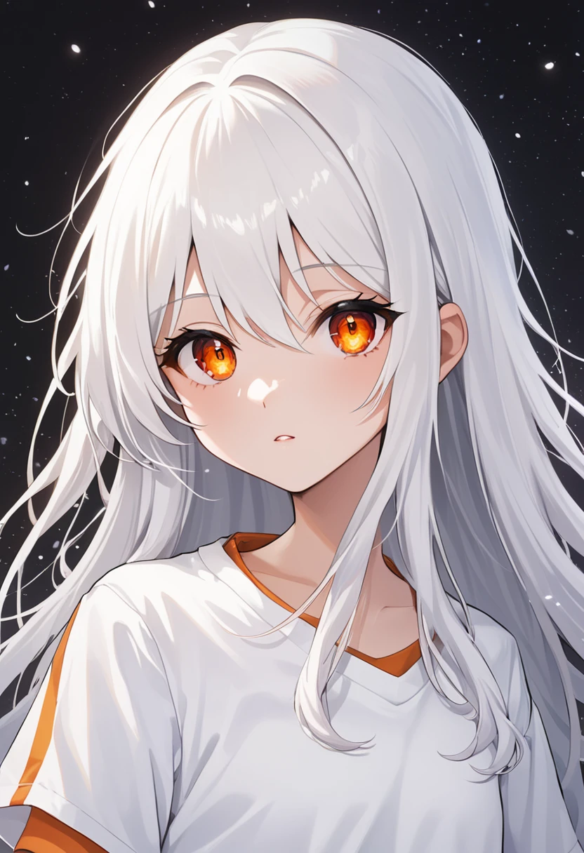 A teenage girl who has long white hair and orange eyes and is wearing a white shirt