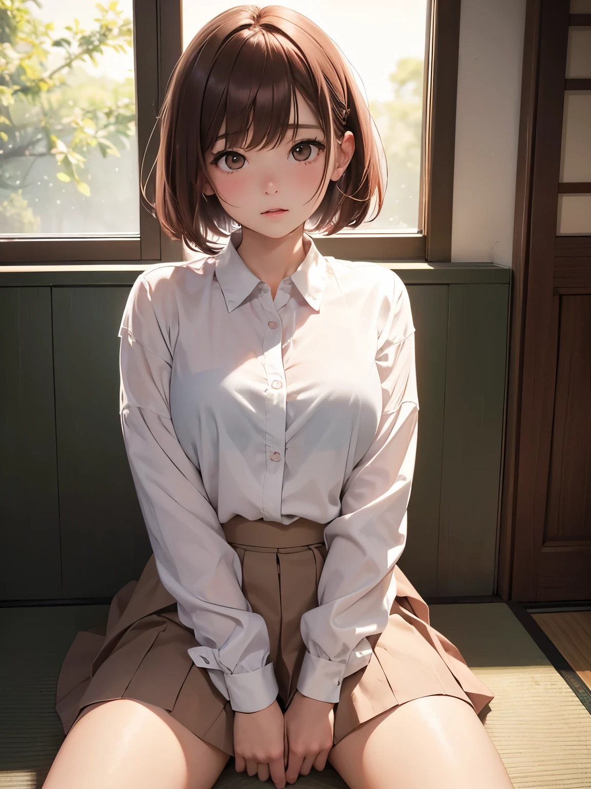 ( best quality ,8k,masterpiece), Japanese female idol、 cute、 white shirt、Sit down、Sit with your knees hugged、True Face、 Pink Panties、 shorthair 、 brown hair、 embarrassed expression、 red cheeks 、 young woman 、sheer blouse、 no skirt 、Open your legs a little、Only wearing panties