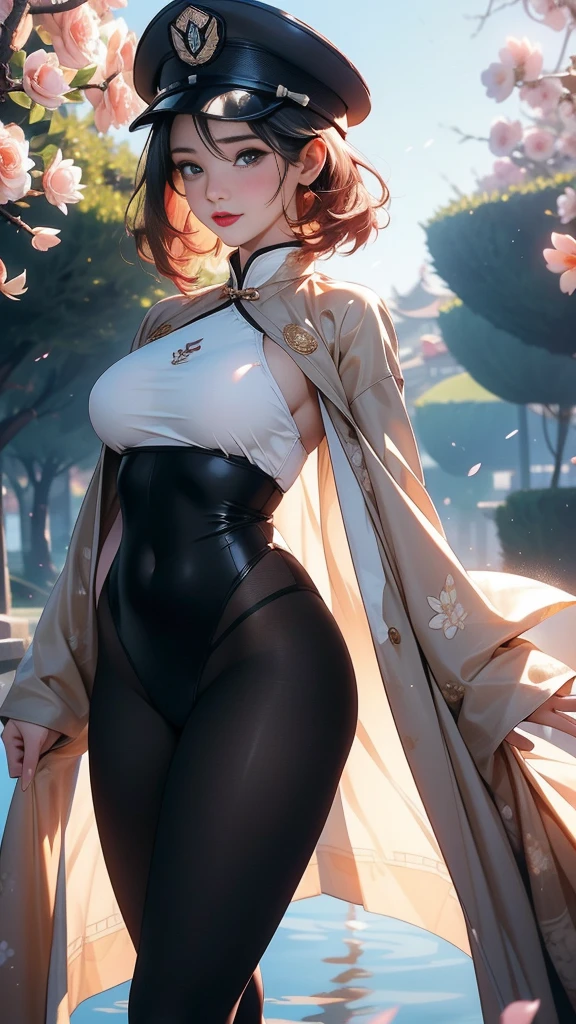 1female,Small loli,extremely large bosom, 独奏,(Background with:ponds,Cherry blossom forest,lotus flower)Lie underwater, She has short pink hair,seen from the front,, mostly cloudy sky,(((tmasterpiece),(Very detailed CG unity 8K wallpaper),best qualtiy,cinmatic lighting,detailed back ground,beatiful detailed eyes,Bright pupils,Black eyes,Snow-whiteskin,Redlip(Very fine and beautiful),(Beautiful and detailed eye description),ultra - detailed,tmasterpiece,))facing at camera,A high resolution,ultra - detailed),revealing breasts,Bare genitalia, Bulge,legs are open,Raised sexy,Camel toes,Desire for dissatisfaction,frontage,stewardess,military hat(Wearing:,Black tights,)