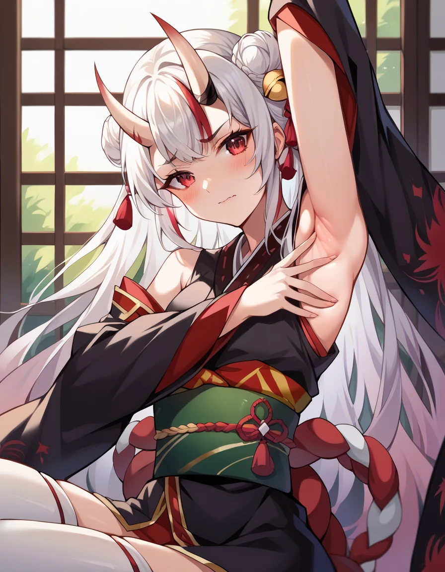 best quality, masterpiece, beautiful eyes, beautiful hair, beautiful face, beautiful skin, BREAK AyameBase, oni horns, long hair, double bun, black kimono, short kimono, hair bell, obi, shimenawa, white thighhighs, bare shoulders, long sleeves, upper body, nsfw, bedroom, BREAK 1girl, spread armpit, arm up, presenting armpit, fingers on own armpit, BREAK troubled eyebrows, aroused, embarrassed,