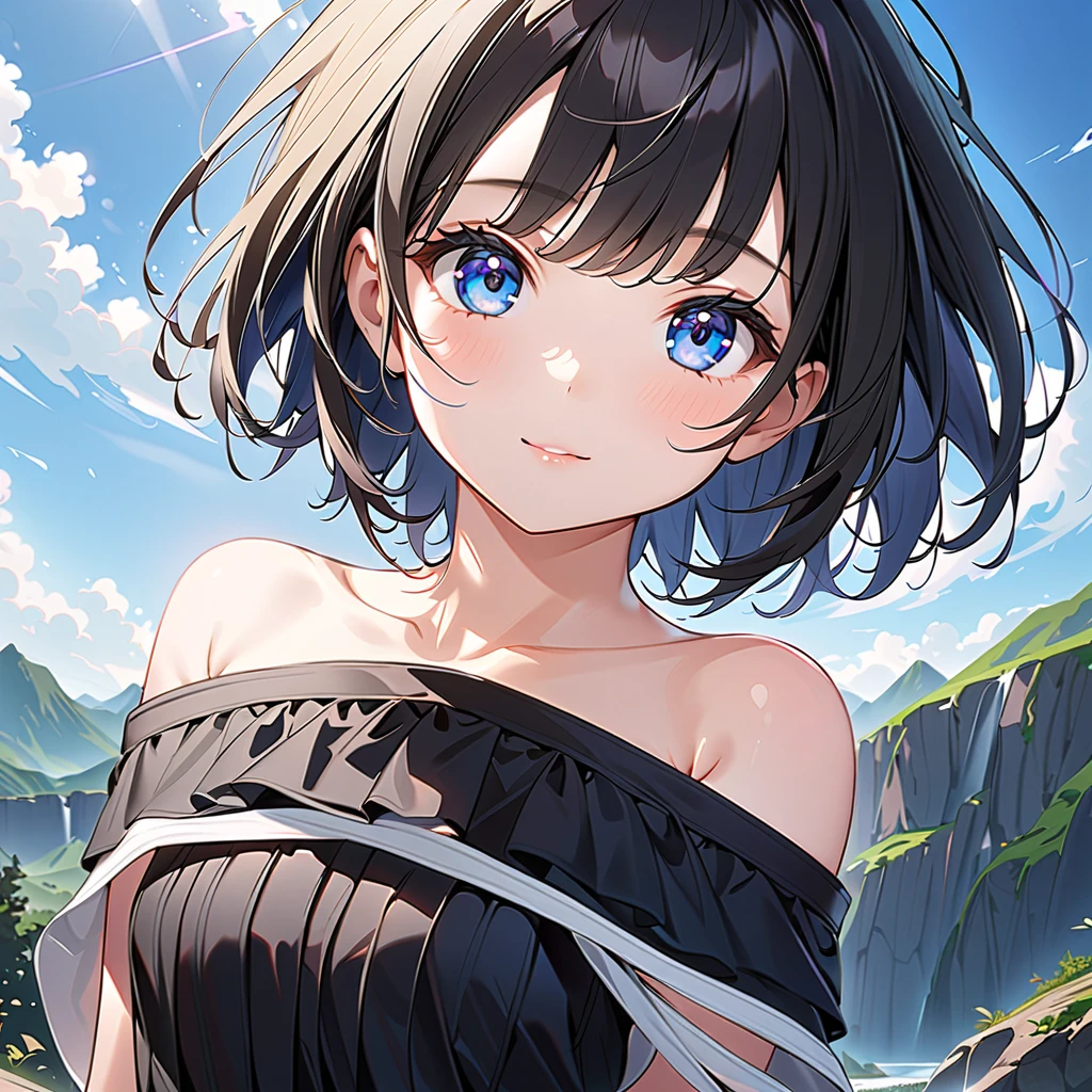 (masterpiece:1.2), (highest quality:1.2), Upper body, perfect eyes, perfect face, perfect lighting, mountainous horizon, 1 girl, 1 boy, black hair, blue eye, ((very short back hair)), blunt bangs, cute eyes, Medium chest , ((From the side)),From above, closed mouth, vivid description,orgasm, I was scared, Ahegao, smile+Happy, tooth, anger, From the side, sitting, (((white bikini armor))), ((disdain)), (((((cum on body)))))