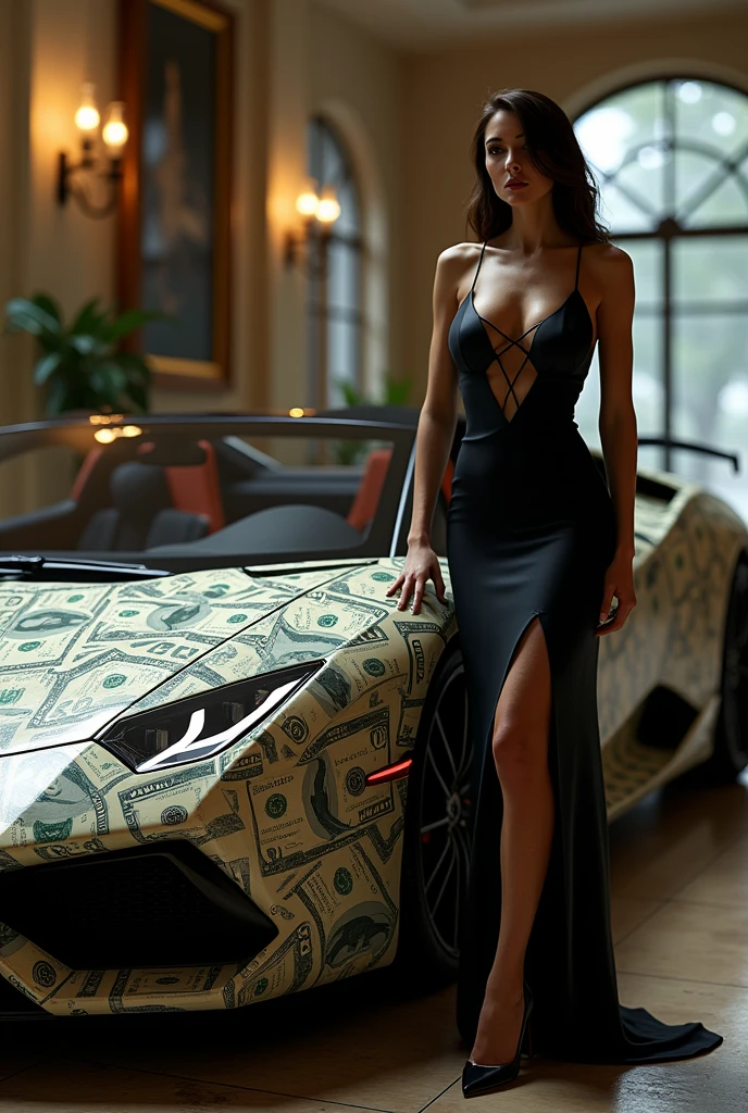 A girl well dressed like a Elegant woman sitting in the Bugatti and having jewellery and diamond in her years and having cash in her back, she should look realistic girl in like in real life and should be genuine