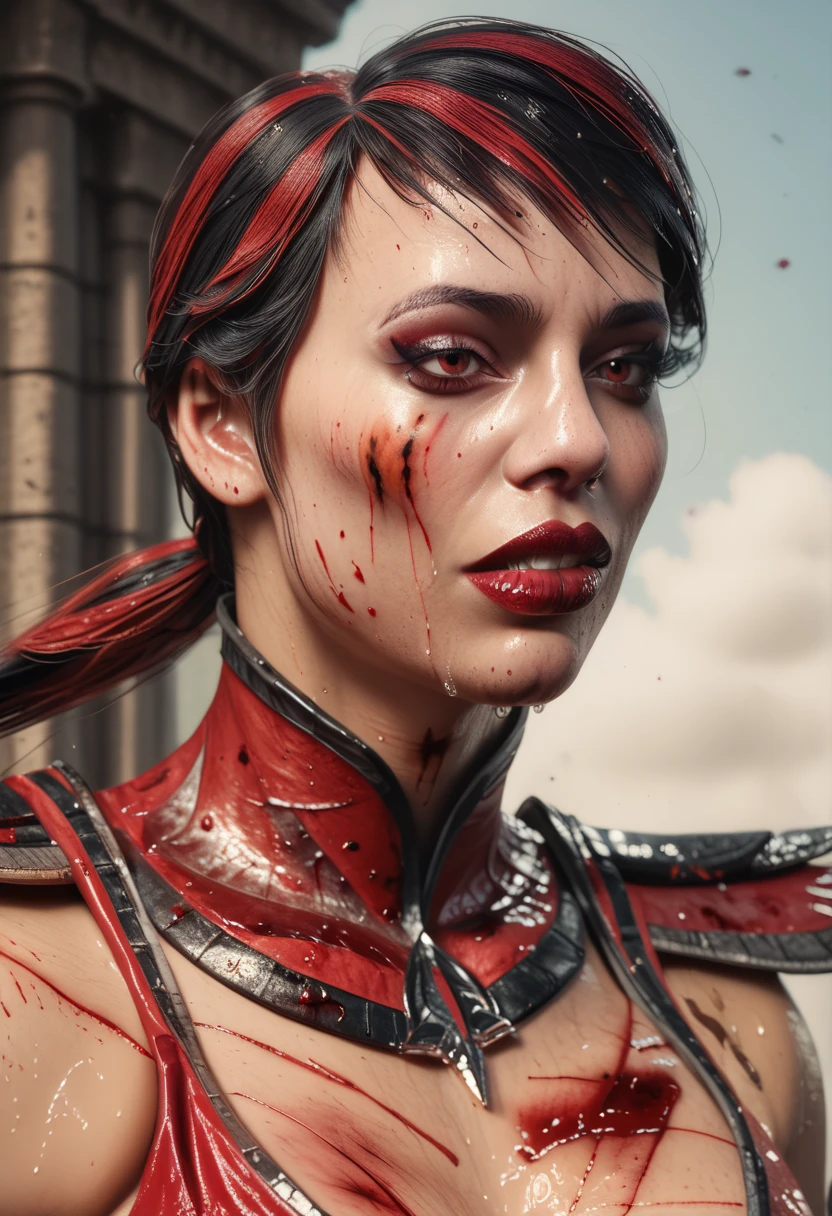 Hot sexy Skarlet from Mortal Kombat tied in a colloseum, sexy, beautiful, gorgeous, makeup, detailed, detailed face, high res, photorealistic, Mortal Kombat, ancient outfit and style, bloody, beaten, bruised, sweaty, wet, prisoner, 1boy1girl , vomit, full body 