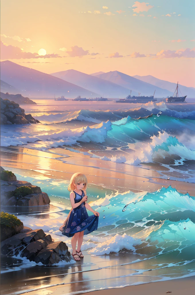 (8k,  super quality, masterpiece:1.2),  ultra high resolution,  One Woman , cute,  smaller breasts, blonde, Navy Blue Dress, Red floral pattern, Sandals, Hawaiian Dress, whole body, soaked,  like a ,  best smile, sea, sea水浴, Water Drop, whole bodyにWater Drop,  their chest is soaked in water , Lots of water, Water Play, 