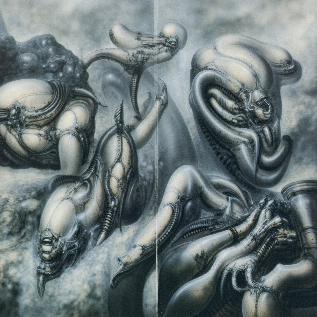 The image is a detailed view of H.R. Giger's biomechanical tableau \" Landscape XVI \" plate, .
(masterpiece, HDR ,UHD , uplight, in HRGigerArhP style):1.
surrealistic painting portrays a woman lying on a futuristic chair with octopus tentacles wrapped around it., surrounded by a chaotic scene of swirling clouds and other monsters.
It's a complex network of bones and organs in eldritch color scheme:a greenish-brown hue ,swirling gery and brown colors. The artwork is silverish and green brown, with an ivory bones prominently displayed. The image is highly detailed and intricate, almost like a 3d version of a medical sketchwork.
The piece is a tableau, most likely created with a India ink pen or pencil on paper, determined by the thin lines, shading techniques, and the texture of the paper, which is visible around the edges.
Used is pen, given the shading and variations in line weight visible in the image. Artist have used a variety of stylus with different degrees of hardness to achieve the shading effects.
The use of undersaturated green-grays dark contrasts creates a stark and graphic look. Is used a variety of linework techniques to create different textures