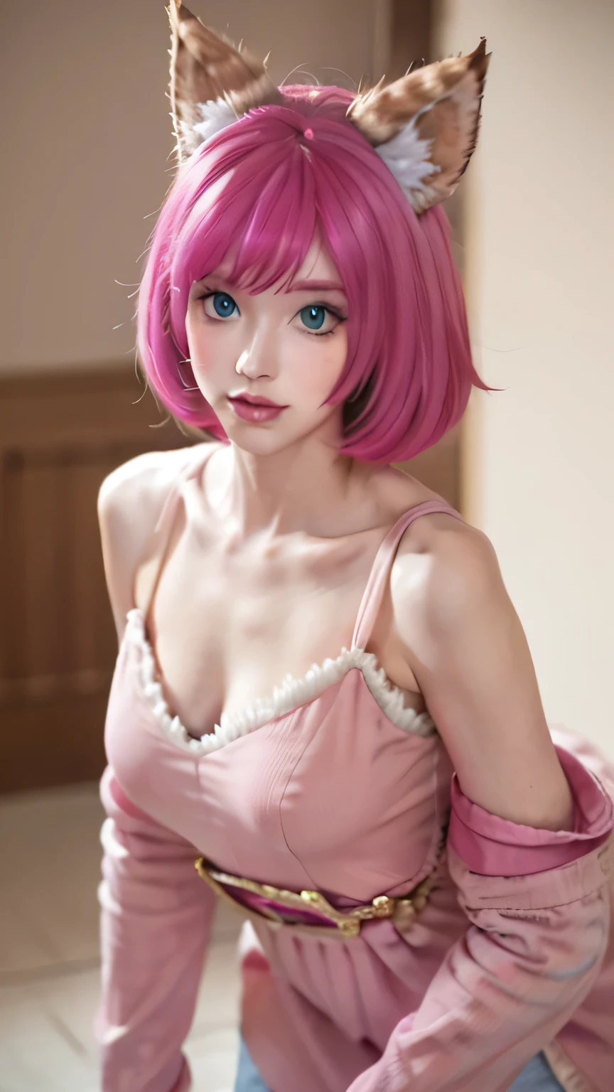 Girl cat, pink hair, blue eyes, sexy, realistic, hd