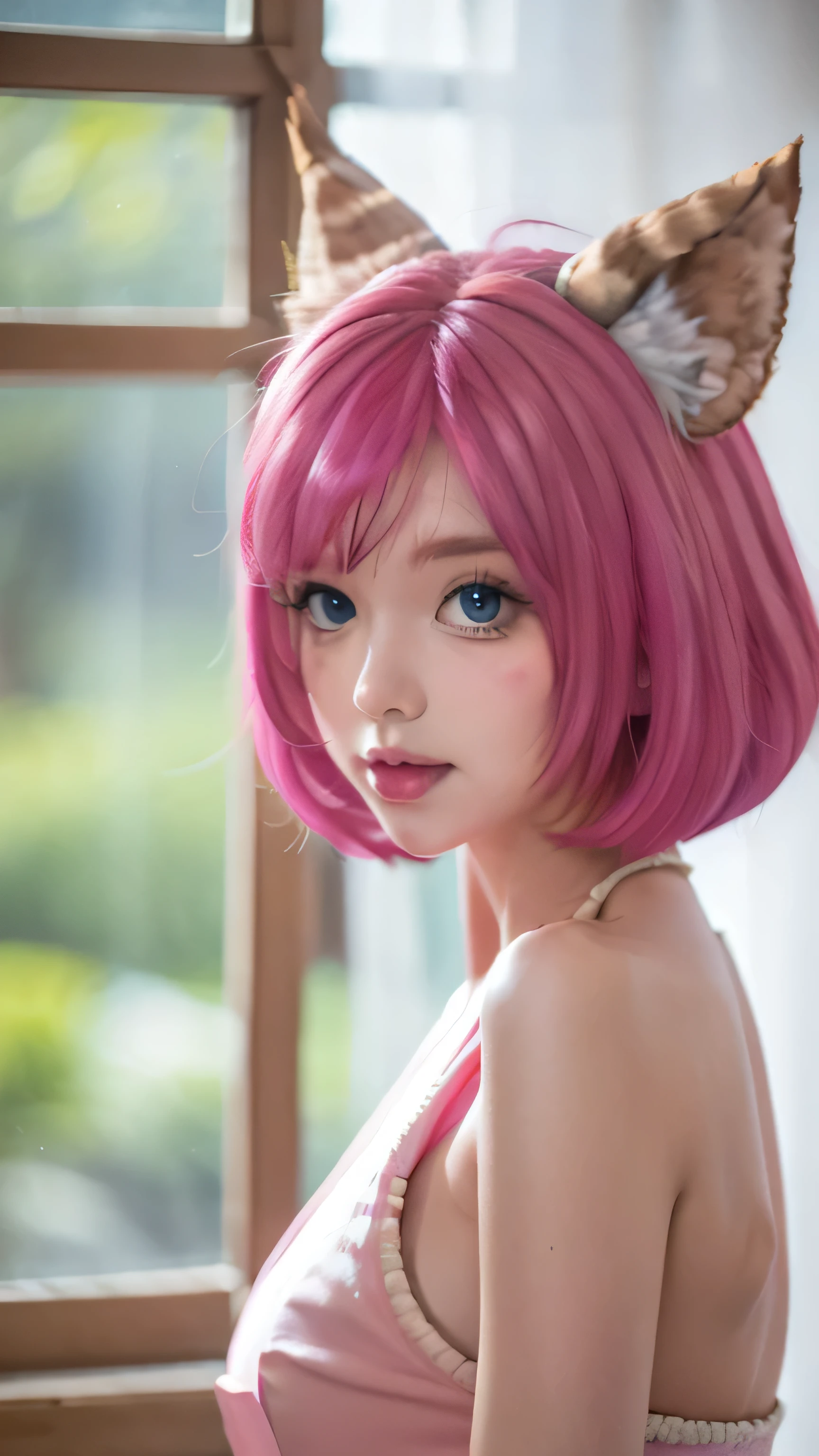 Girl cat, pink hair, blue eyes, sexy