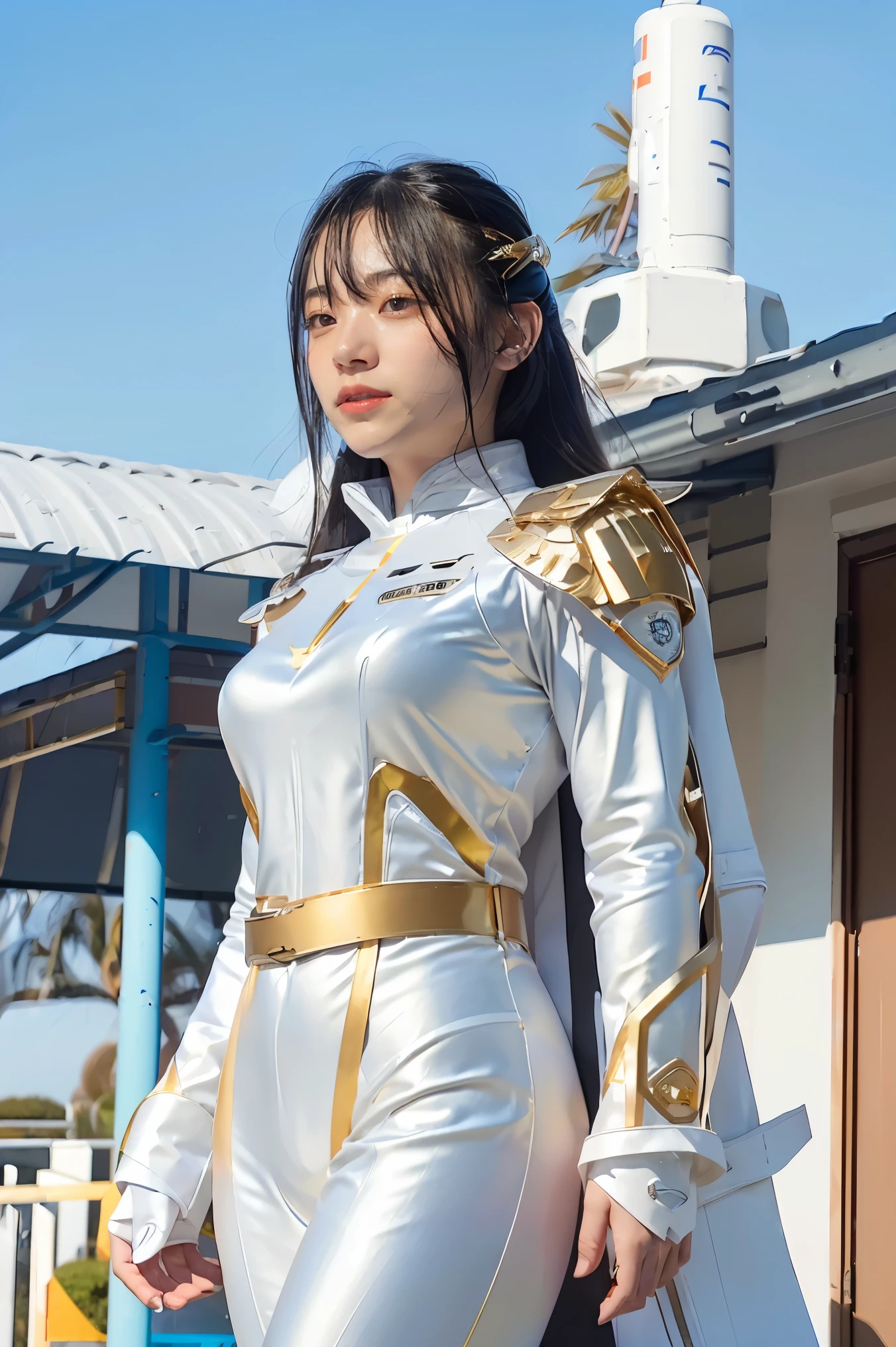 ((masterpiece, best quality, extremely detailed), volumetric lighting, ambient occlusion, colorful, glowing), 
1girl, solo, young girl, (dark hair), long hair, halo, aura, sacred, goddess, cleric suit, (white outfit with gold detailst:1.3), armor,
outdoors, sunset, sky, clouds, space, (fantasy theme:1.2),ม 1girl, full body, Illustration, cinematic light, high resolution, best quality, ultra-detailed, masterpiece, power suit, powerranger, suit, spd, (Silver and Gold chest plate), white and gold detail, (((white suit))), ((police theme:1.2))
