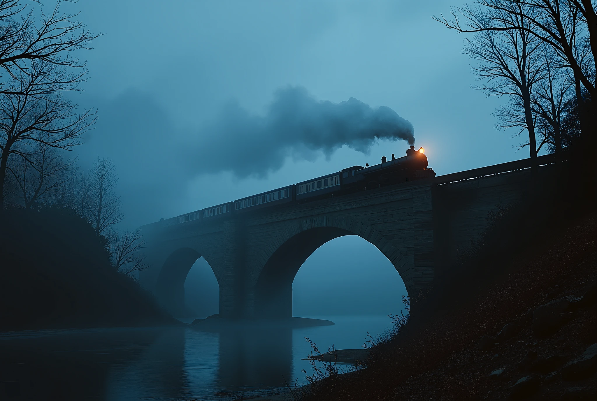 Cinematic photography of a train run on a stone bridge at night, river below cover by white fog, intricate detailed, UHD, high quality, high resolution 