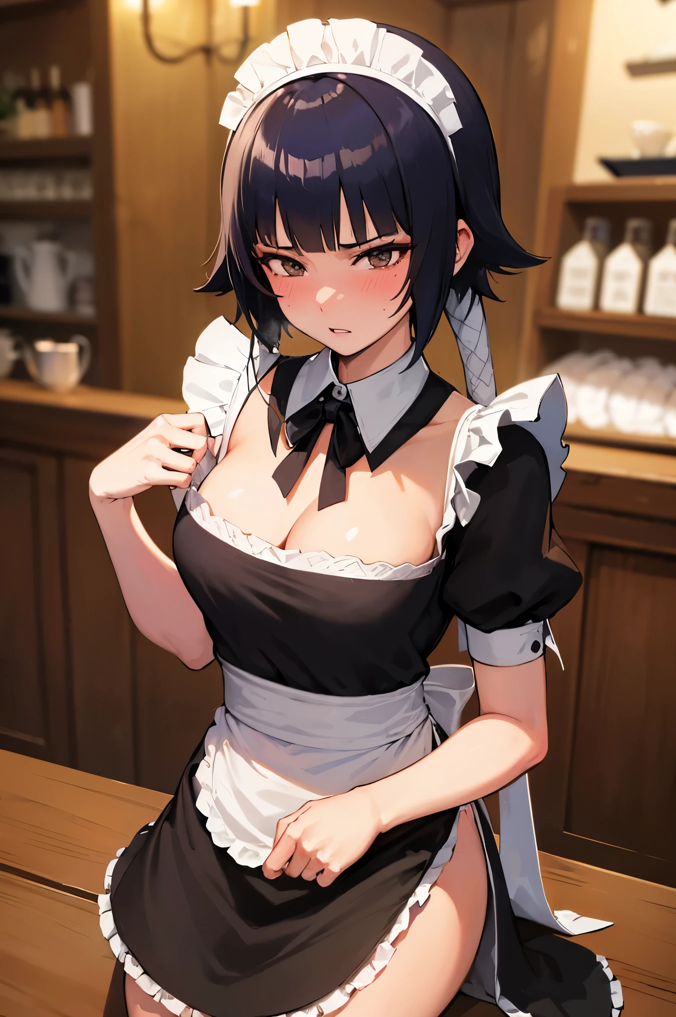 NSFW,masterpiece, best quality, high definition , very detailed,Soi Fon, shorthair 、 long hair,( maid clothes:1.3), Crop Top , miniskirt that snaps around the knee, maid headband , cleavage, with a bird's-eye view ,blush, coffee shop,Cafe