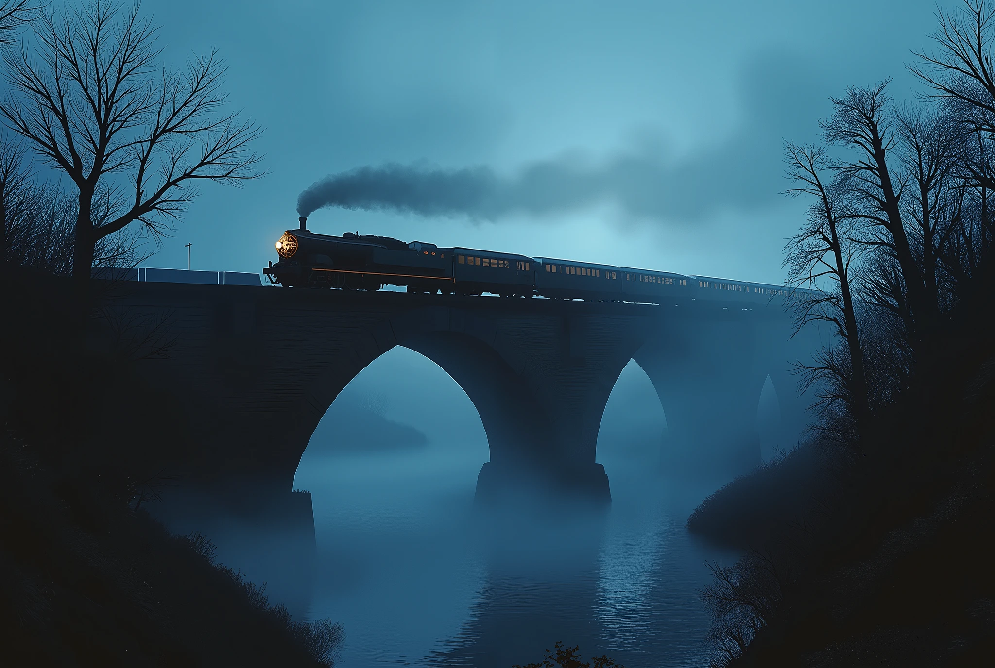 Cinematic photography of a train run on a stone bridge at night, river below cover by white fog, intricate detailed, UHD, high quality, high resolution 