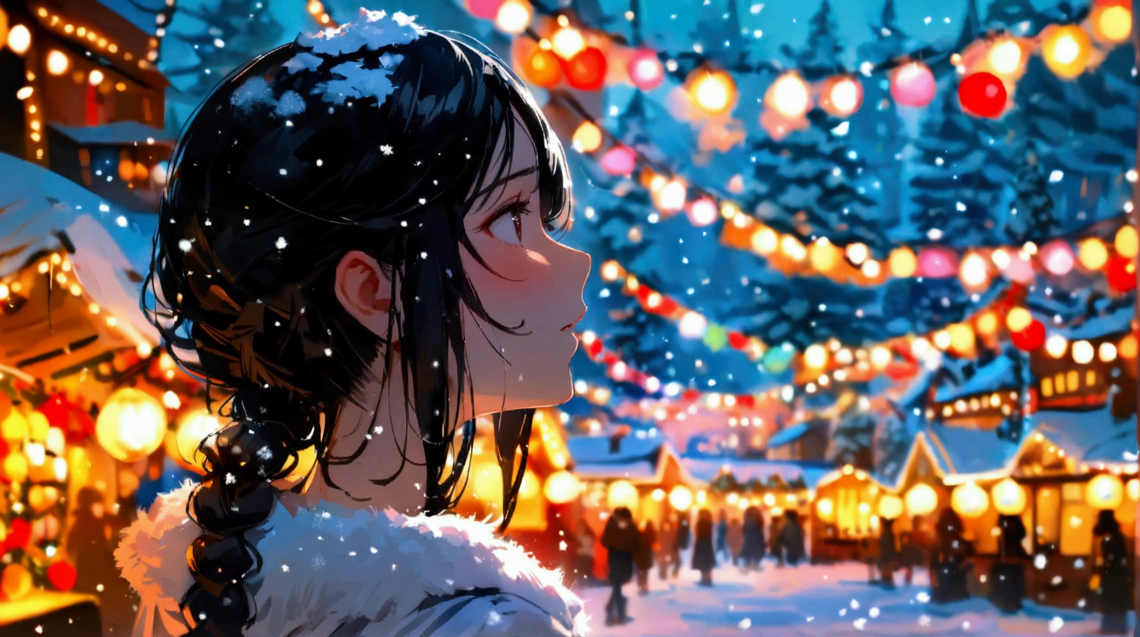 (Masterpiece, High Definition, High Resolution, Detail, 8K), A woman's back view, (medium long black hair) looking up sadly at a big glowing Christmas tree, in a town with glowing Christmas market lights, a pure white world, a world of sadness, beautiful snow dancing quietly, looking from a distance (Midyamrong black hair), blurred snow world, shining like diamond dust
