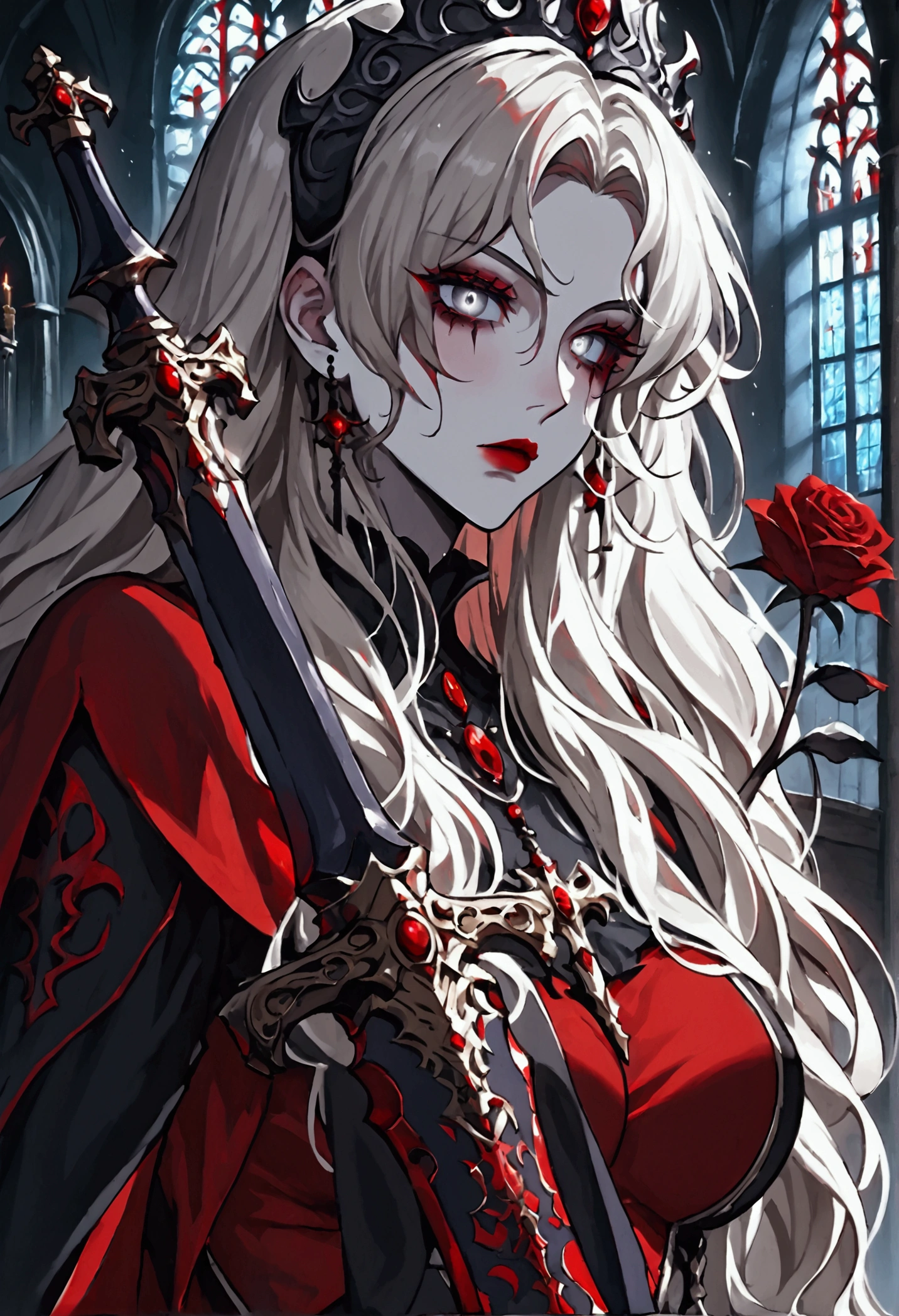 modisn disney, Arafed,  Dark fantasy art, fantasy art, goth art, a picture of a female vampire, pale white skin, blond hair, Ultra detailed face, Best Detailed face, long hair, wavy hair, (glowing grey: 1.3) eyes, she wears a (red: 1.3) red thigh suit, she holds a sword in hand, (ready for battle: 1.4) , the roses are imprinted on the suit (black: 1.4) black roses, high heels, full body shot, dark glamour shot, dark castle, dark, black and color, PASTELGOTH, SwordMaiden,