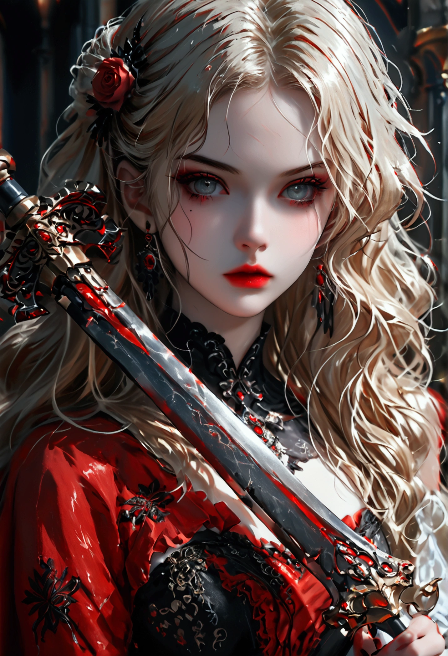 modisn disney, Arafed,  Dark fantasy art, fantasy art, goth art, a picture of a female vampire, pale white skin, blond hair, Ultra detailed face, Best Detailed face, long hair, wavy hair, (glowing grey: 1.3) eyes, she wears a (red: 1.3) red thigh suit, she holds a sword in hand, (ready for battle: 1.4) , the roses are imprinted on the suit (black: 1.4) black roses, high heels, full body shot, dark glamour shot, dark castle, dark, black and color, PASTELGOTH, SwordMaiden,