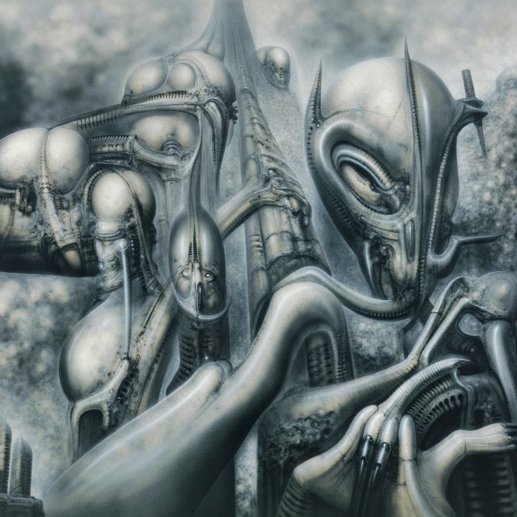 H. R. Giger's g1g3r, , Giger_style, H. R. Giger's g1g3r, , Giger_style, The image is a detailed view of H.R. Giger's \" Aleph (work 210) \" plate, featuring   The image portrays a group of humanoid figures with mechanical and organic features, including what appear to be robotic or cybernetic heads, hanging from a large structure in a cloudy, industrial setting. By Giger in gigeresque style , which appears to be an extraterrestrial. By giger in gigeresqe style  (best quality:1.4), anatomically correct limbs, (Triadic:1.1), (Proportion:1.1),  , (Reflected light:1.2), Parchment, ultra detailed, intricate,, dry b (best quality:1.4), H.R. GIGER,  BY GIGER