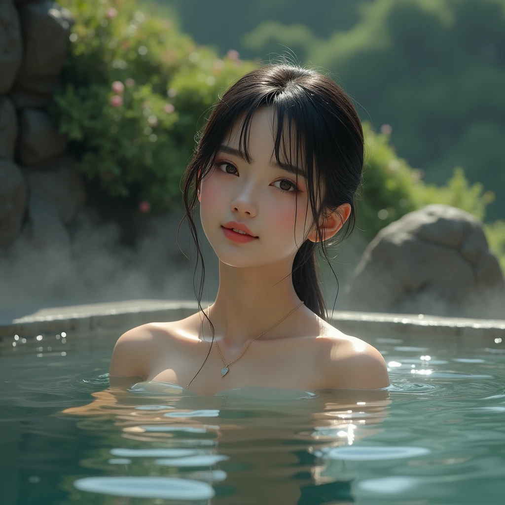 Photorealism, river, nude , bare, naked beautiful woman, detailed body, smile, play with water, no clothes