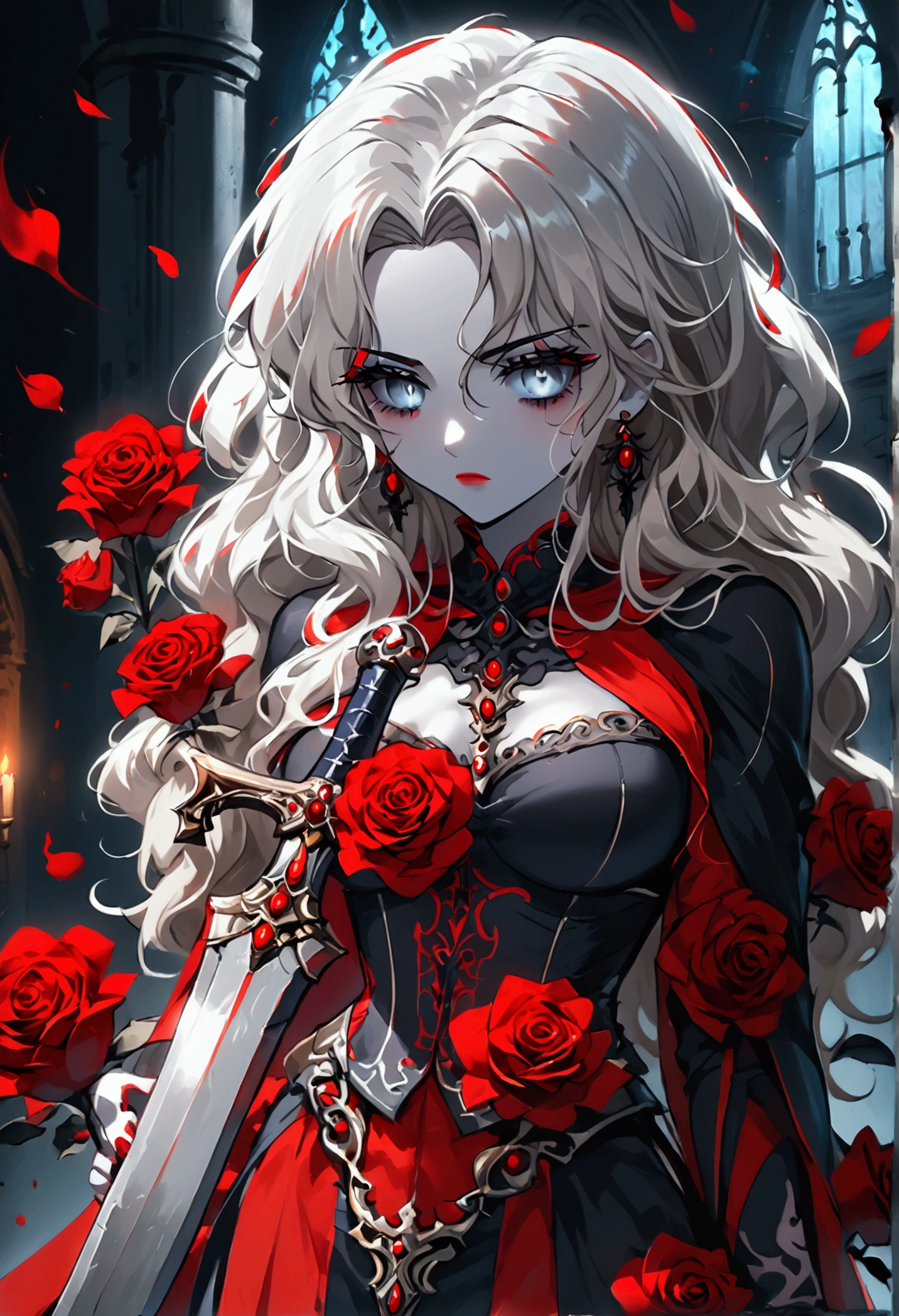 modisn disney, Arafed,  Dark fantasy art, fantasy art, goth art, a picture of a female vampire, pale white skin, blond hair, (full body shot: 1.3) anatomically correct, Ultra detailed face, Best Detailed face, long hair, wavy hair, (glowing grey: 1.3) eyes, she wears a (red: 1.3) red thigh suit, she holds a sword in hand, (ready for battle: 1.4) , the roses are imprinted on the suit (black: 1.4) black roses, high heels, , dark glamour shot, dark castle, dark, black and color, PASTELGOTH, SwordMaiden,