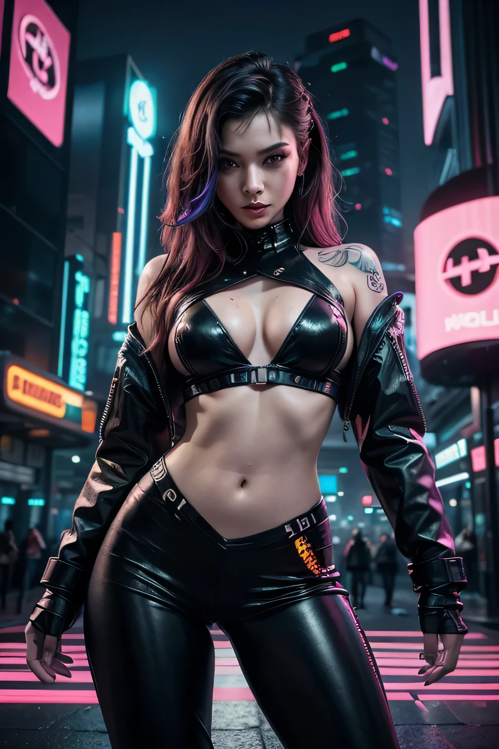 Create an image of a woman that blends cyberpunk and graffiti themes. She should be dressed in edgy, futuristic clothing with neon accents, embodying the cyberpunk aesthetic. Her surroundings should feature vibrant, colorful graffiti art, creating a dynamic urban backdrop. The overall atmosphere should be gritty and futuristic, highlighting the fusion of technology and street art.
