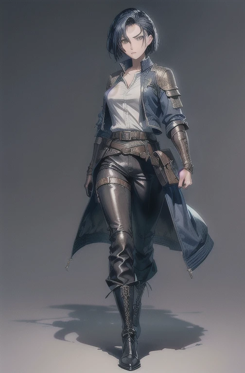 (masterpiece, ultra-detailed, high resolution, best quality:1.2), (anime, (simple background, plain background:1.1), sketchy drawing, (full body:1.1), Fantasy Art, RPG Character, Concept Art),((medieval adventurer outfit:1.2), 1girl, solo), ((slicked back:1.3), short hair, middle part, navy blue hair), ((layering, shirt, upturned collar, (Long-sleeved jacket, jacket), voluminous clothing, turned up sleeves, pants, low heel boots), (leather belt, buckles:1.1), pouches, leather glove)