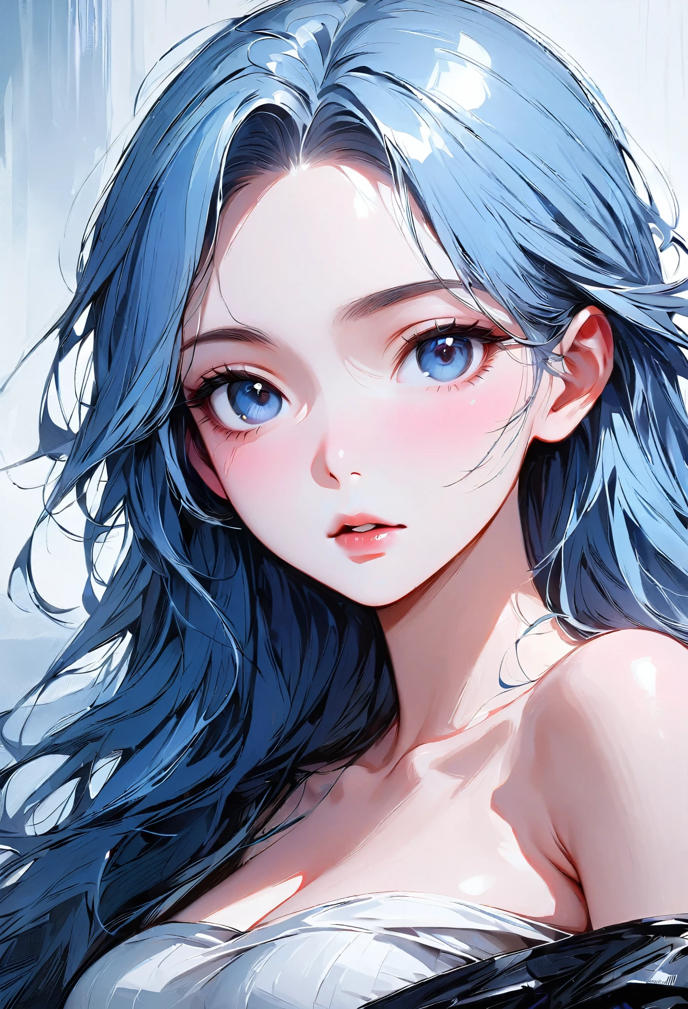 ((masterpiece, best quality, high resolution, extreme quality, solo, very detailed wallpaper, (18 year old girl: 1.4), Rei Ayanami, red eyes, detailed eyes, beautiful eyes, eye reflex, shyness, big nose, lipstick, {portrait closeup}, pale skin, extremely moist and smooth, skin reflected light, three-dimensional facial features, no background, pose, {look down|look up|look to the side})),