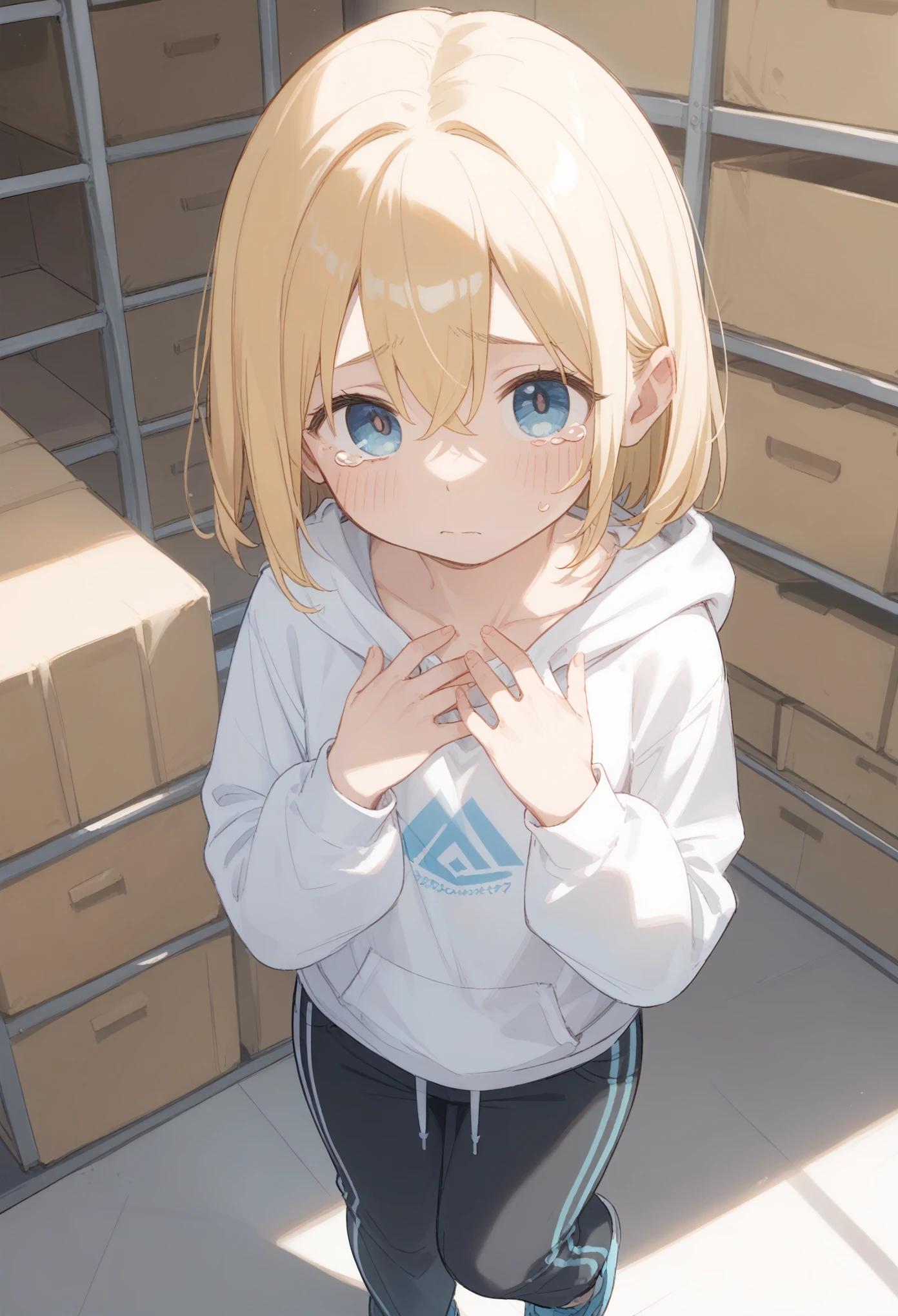 (( best quality)), ((masterpiece)), ( Details), 1girl, Alone, cute, loli, cute face, sketch-style illustration, The lines are unstable in thickness, with no highlights in eyes, medium hair, blonde hair, hair between eyes, hood, gray wide hoodie, jogger pants, high angle, displeased, sad, warehouse, scared, breathing, long shot, accurate fingers, accurate hands, look for viewer, tearing up, jumping, hands on own chest