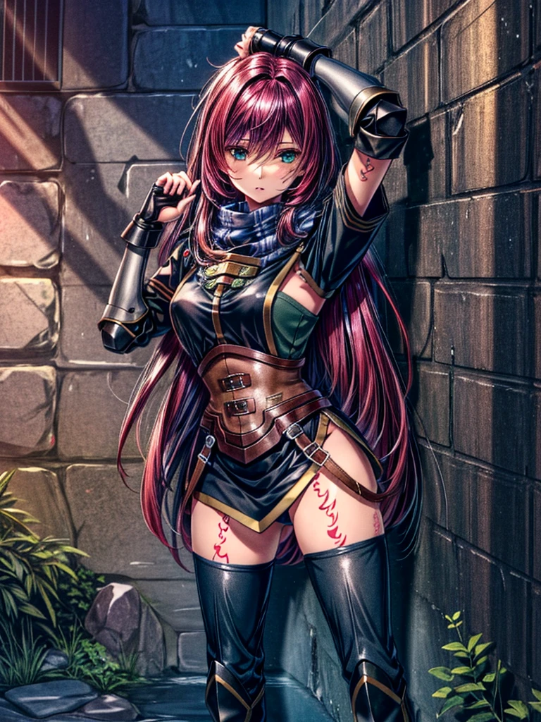 Make a hot female barbarian character, with attractive and discreet leather clothing 