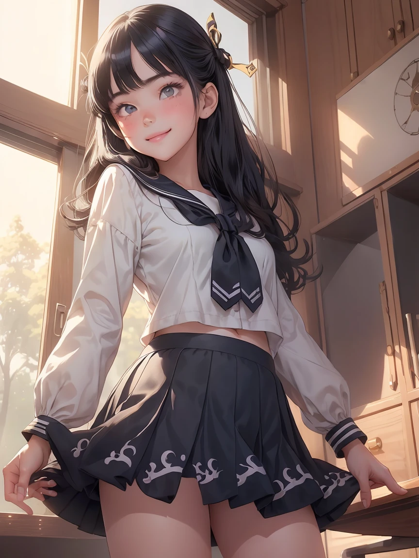 Very cute and beautiful girl,(very detailed beautiful face and eyes:1.2),
Smile,Sailor School Uniform,(Mini skirt),(Cowboy Shot),(From below),Black hair,Dynamic Pose,Beautiful legs,
Wooden Classroom,window,Distant trees々Yamori,
(Best Quality,masutepiece:1.2),Intricate details,hight resolution,1 girl,Solo,Cinematic lighting,