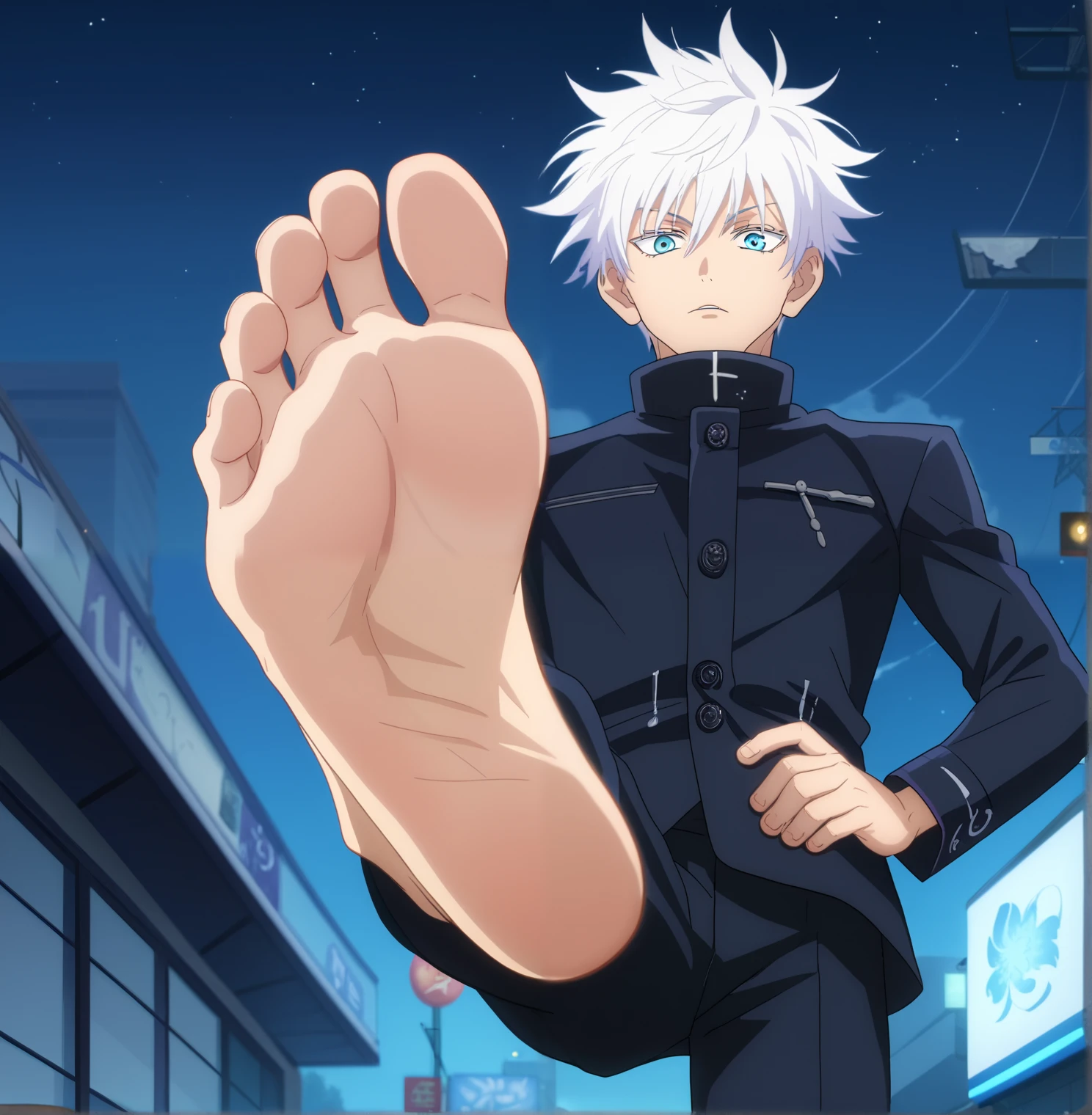 score_9, score_8_up, source_anime,
1boy, Satoru Gojo, white hair, short hair, wide opened blue eyes, black high-collar jacket, long sleeves, black pants , alone, looking at viewer, cowboy shot, ANIME SCREENCAP, anime coloring, in the city, night, barefoot, perfect feet, anatomically correct, soles, low angle, focal length 35mm, each foot has five toes, front, symmetrical soles, foot focus