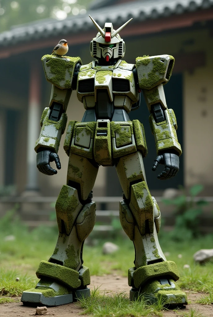 Half body Portrait, Broken Gundam, Moss grows on the body, Front angle, Small bird on the shoulder, background set on abandoned cultures building