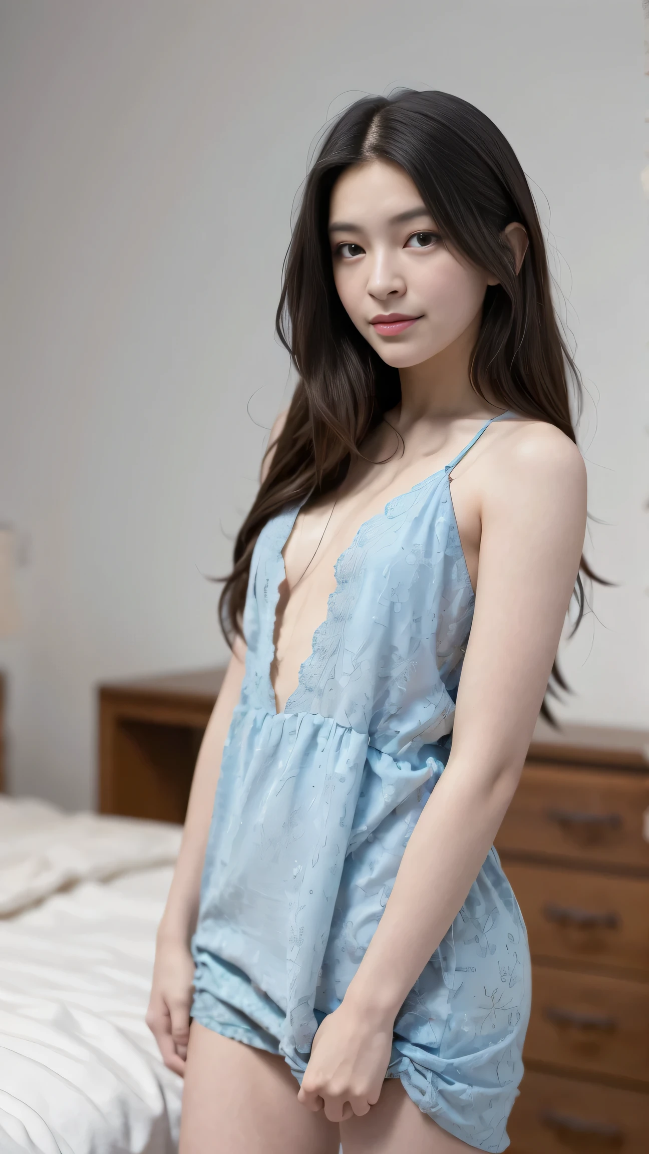 Beauty Girl, Skinny, Solo, High Resolution, Anatomically Correct, Accurate, Super Detailed, Textured Skin, Depth Of Field, Bokeh, Photorealistic, Portrait Photography, Soft Lighting, Smile, Hair Between Eyes, Full Body Shot,135mm, F/2.8, Small Chest, Perfect Round Breast, Naughty Face, Messy Hair, At Bedroom, From Above, Masterpiece, Textured Skin, Super Detailed, UHD, Seductive Smile, Wearing Sexy Sleepwear