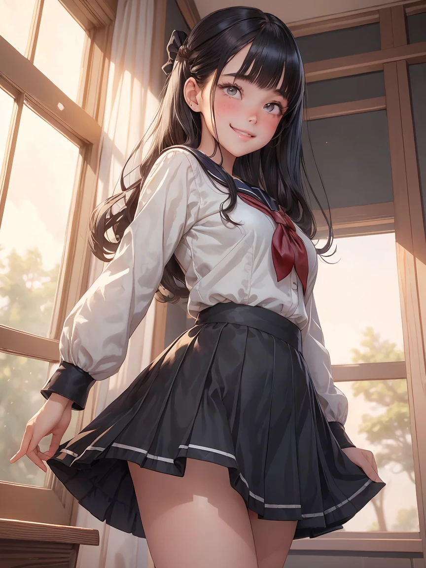 Very cute and beautiful girl,(very detailed beautiful face and eyes:1.2),
Smile,Sailor School Uniform,(Mini skirt),(Cowboy Shot),(From below),Black hair,Dynamic Pose,Beautiful legs,
Wooden Classroom,window,Distant trees々Yamori,
(Best Quality,masutepiece:1.2),Intricate details,hight resolution,1 girl,Solo,Cinematic lighting,