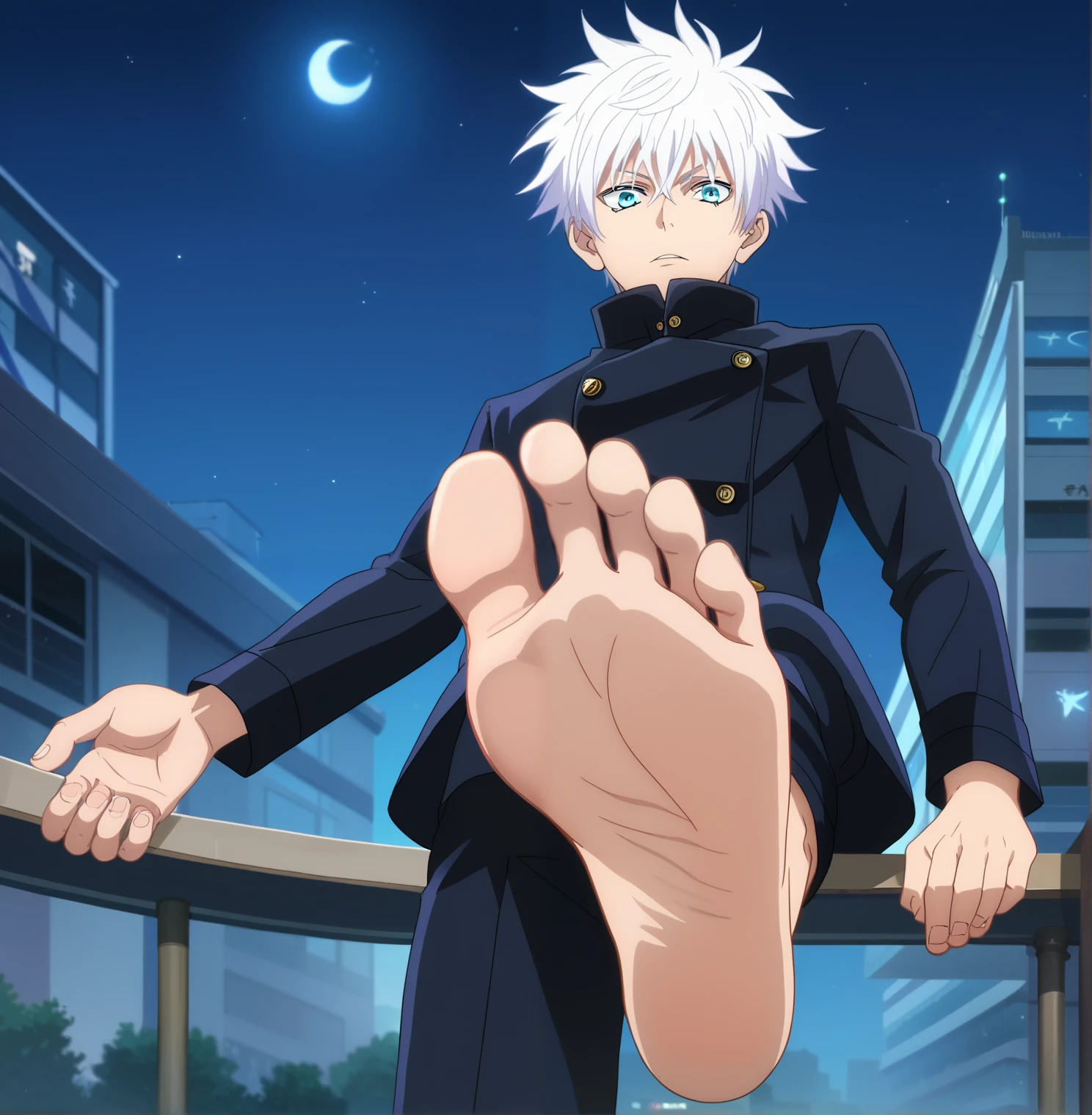 score_9, score_8_up, source_anime,
1boy, Satoru Gojo, white hair, short hair, wide opened blue eyes, black high-collar jacket, long sleeves, black pants , alone, looking at viewer, cowboy shot, ANIME SCREENCAP, anime coloring, in the city, night, barefoot, perfect feet, anatomically correct, soles, low angle, focal length 35mm, each foot has five toes, front, symmetrical soles, foot focus