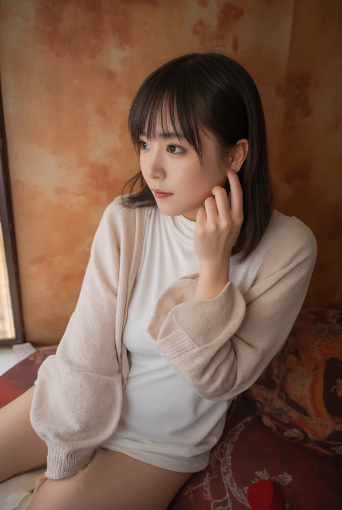 a beautiful japanese woman, pale skin, (large breasts:1.3), short hair, (wearing a turtleneck sweater), (best quality,4k,8k,highres,masterpiece:1.2),ultra-detailed,(realistic,photorealistic,photo-realistic:1.37),intricate details,detailed facial features,expressive eyes,full lips,delicate nose,elegant pose,serene expression,soft lighting,warm color palette,cinematic atmosphere,intricate background details,detailed textures,realistic fabric rendering