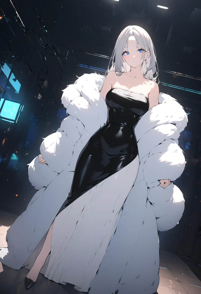 a gorgeous woman in a black leather long dress, off shoulder, wearing a white fur coat, beauty spots, sitting on a chair, in a night bar background, indoor, neon light, vibrant colors, 8k, high quality, cinematic lighting, dynamic pose, full body shot whole body shot whole body, mature female ,mature female, whole body, large anime eyes, highly detailed eyes, natural skin, natural skin texture, subsurface scattering, muted colors, skin pores, score_9, score_8_up, score_7_up, (sfw), (cowboy shot, dutch angle:1.2), 1girl, solo, mature female
