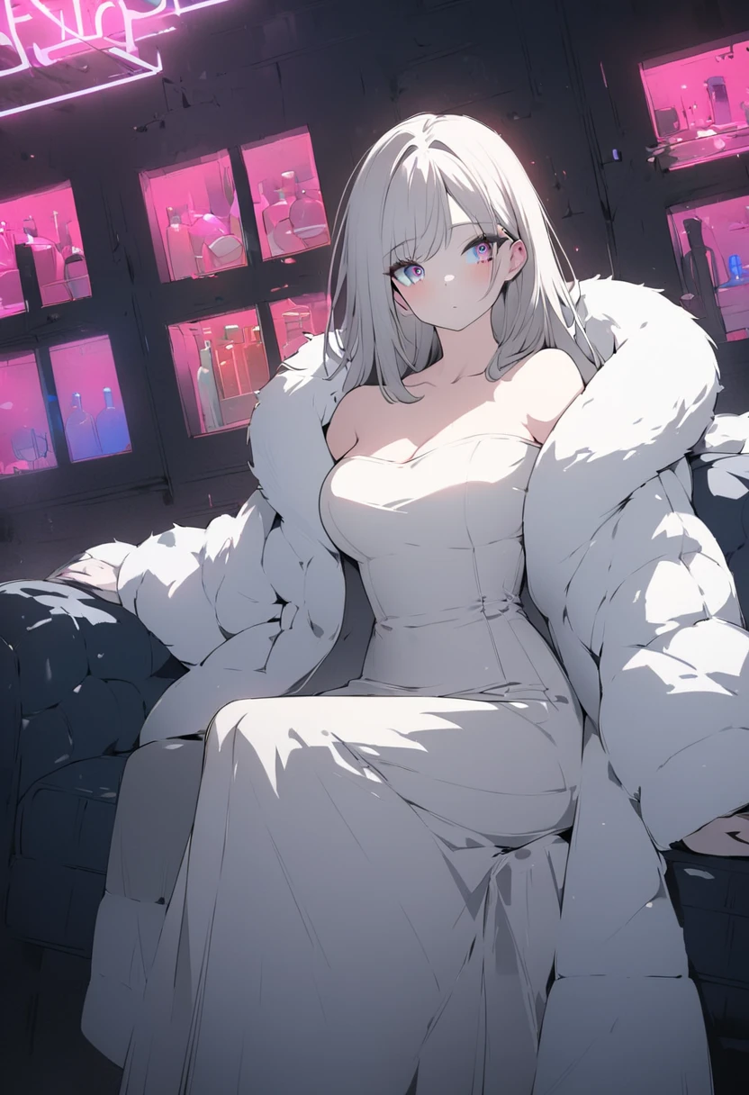 a gorgeous woman in a black leather long dress, off shoulder, wearing a white fur coat, beauty spots, sitting on a chair, in a night bar background, indoor, neon light, vibrant colors, 8k, high quality, cinematic lighting, dynamic pose, full body shot whole body shot whole body, mature female ,mature female, whole body, large anime eyes, highly detailed eyes, natural skin, natural skin texture, subsurface scattering, muted colors, skin pores, score_9, score_8_up, score_7_up, (sfw), (cowboy shot, dutch angle:1.2), 1girl, solo, mature female
