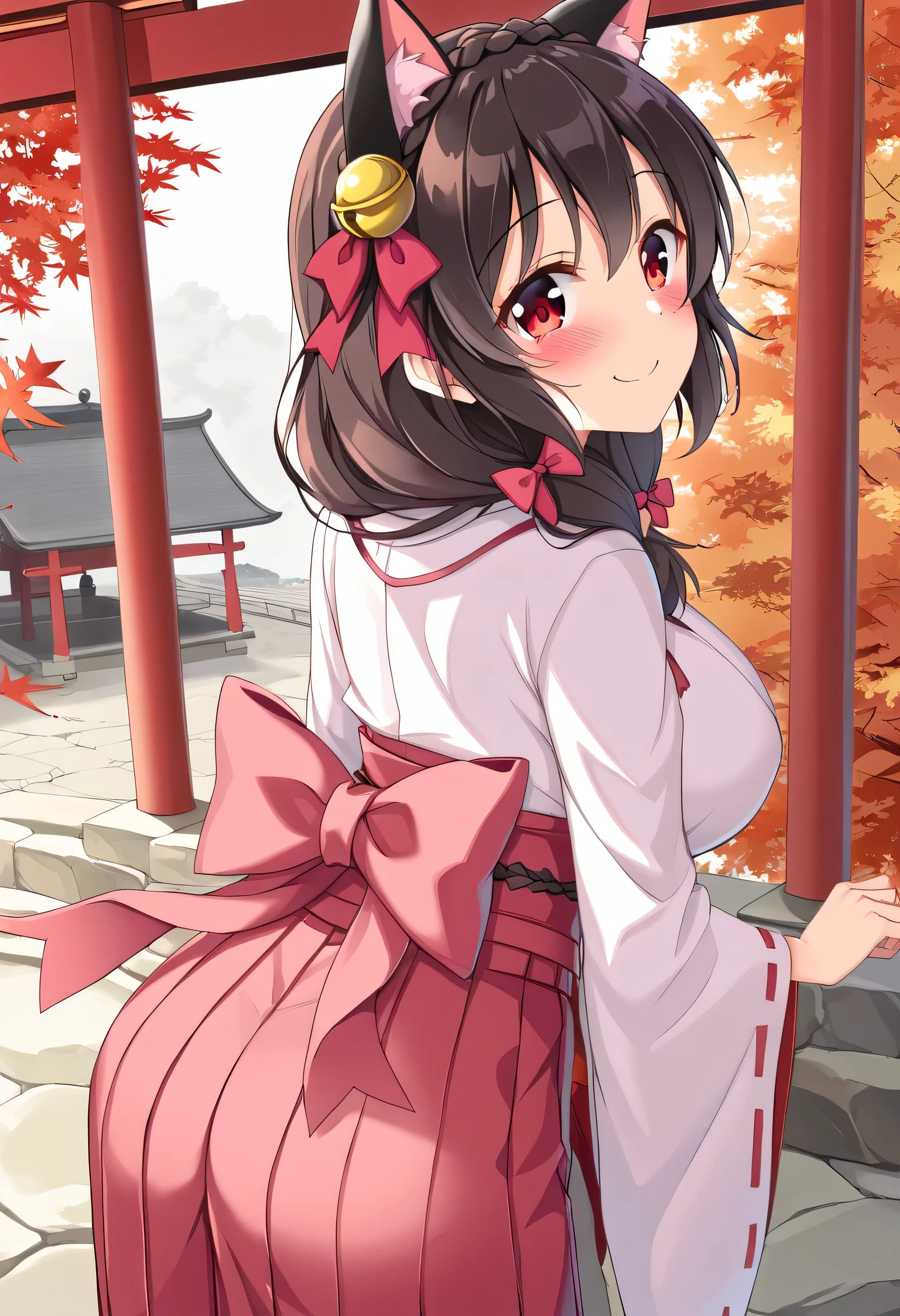 yunyun、masterpiece, best quality,  high definition ,one person, Yunyun、My name is Yunyun,  crown braid in the same color as the hair,  black hair、Red eyes、 hair accessory with a bell ,  hair bow, ( white and pink shrine maiden costume 、Hakama is a red )、She has big breasts、(blush)、autumn leaves、(shrine:1.2)、Standing、( Embarrassing Smile :1.4)、blush、View the viewer、(Looking Back:1.3)、(Cat ears)、(Looking up)