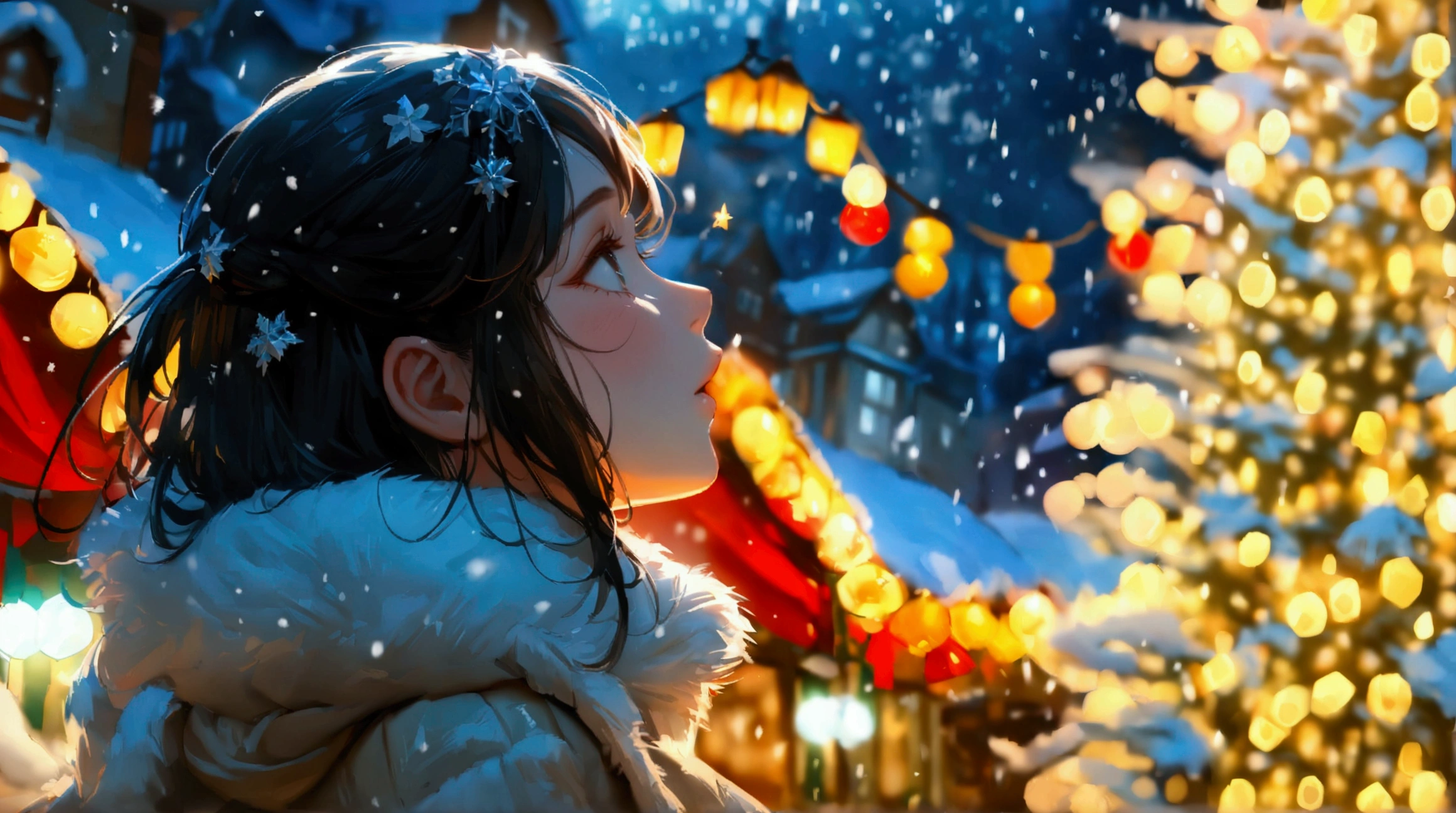 (Masterpiece, high quality, high resolution, fine detail, 8K), back view of a woman, (medium long black hair) looking up at a large glowing Christmas tree, in the town with Christmas market lights glowing beside her, a world of pure white, a world of sadness, beautiful snow dancing quietly, from a distance Looking out, blurred snow world, shining like diamond dust.
