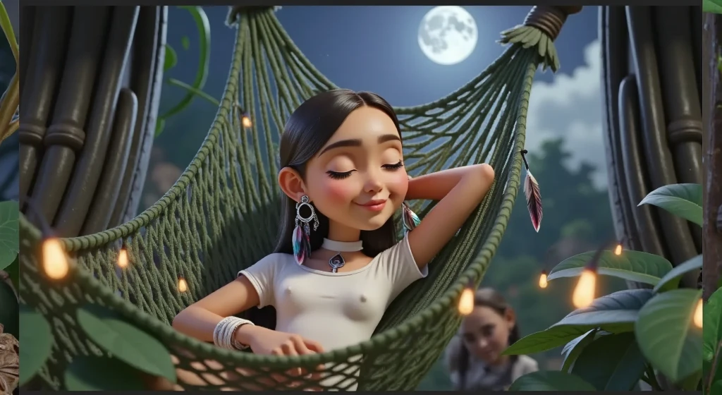 Inspired by a high-resolution, high-quality 3D film by Disney Pixar, create the image of a Brazilian Indian girl with straight, shiny black hair. the waist light brown skin wearing a tight and basic white t-shirt without any print shaping her beautiful body lying in a hammock with her eyes closed sleeping in a rustic hammock on a porch in the middle of the Amazon rainforest surrounded by trees and plants of the region with the moonlight and the stars illuminating the environment she wears in her ear a colorful feather as an earring and carries on her face a slight smile of peace