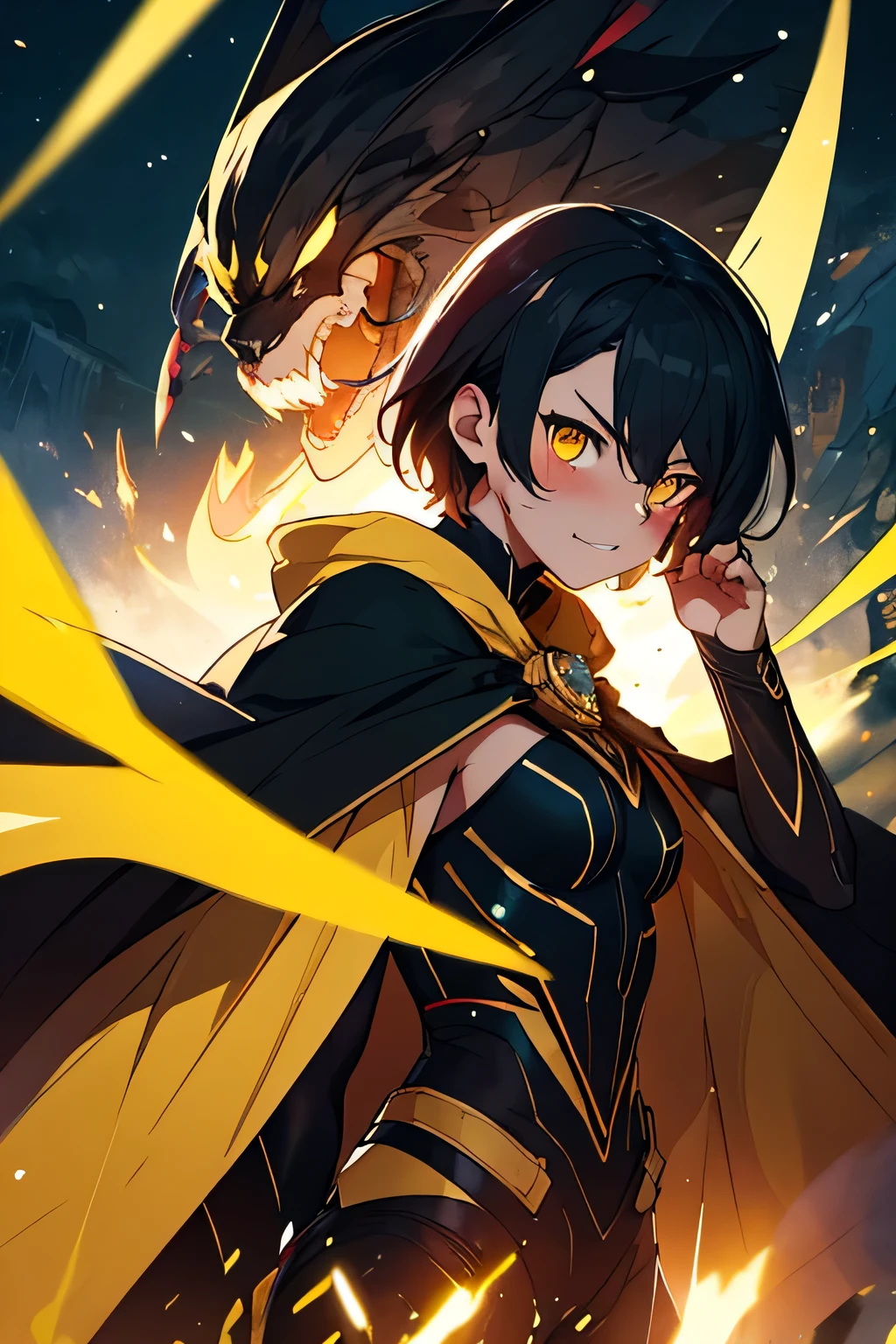 Masterpiece, Best Quality, Hi-Res, source_anime, (good_hands:0.9) , 1girl, superhero, smile, short hair, black hair, yellow eyes, eyesgen, glowing eyes, focused eyes, cape, superhero, black suit, yellow inner, High Contrast Glossy Oily Skin, battleground, blushing, shock, angry, looking at viewer, from front.stand, dramatic shadows, cinematic moon lighting, (light particles:0.8)