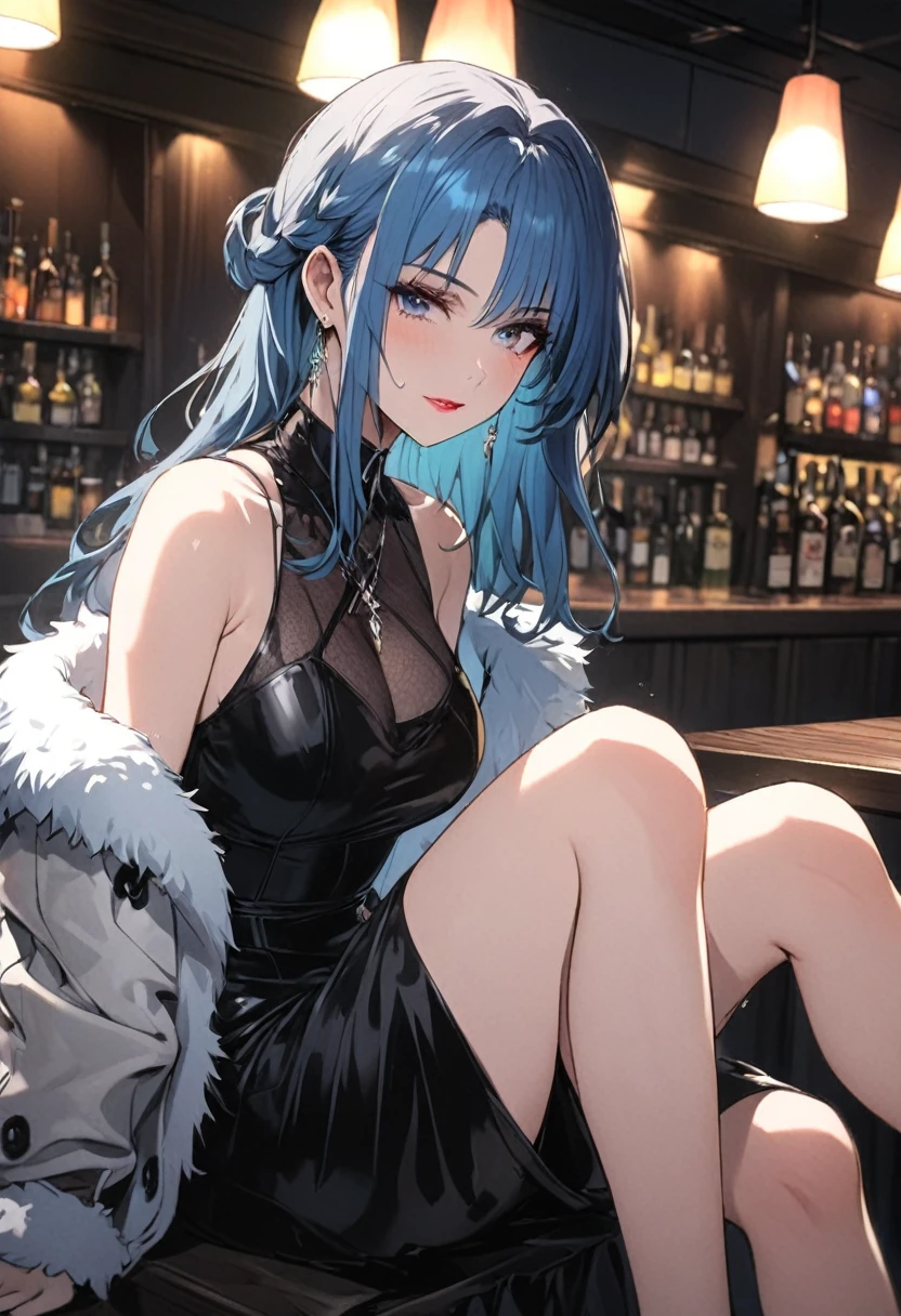 a gorgeous woman in a black leather long dress, off shoulder, wearing a white fur coat, beauty spots, sitting on a chair, in a night bar background, indoor, neon light, vibrant colors, 8k, high quality, cinematic lighting, dynamic pose, full body shot whole body shot whole body, mature female ,mature female, whole body, large anime eyes, highly detailed eyes, natural skin, natural skin texture, subsurface scattering, muted colors, skin pores, score_9, score_8_up, score_7_up, (sfw), (cowboy shot, dutch angle:1.2), 1girl, solo, mature female, blue hair,multicolored eyes, sidelocks, lipstick, red lipstick,