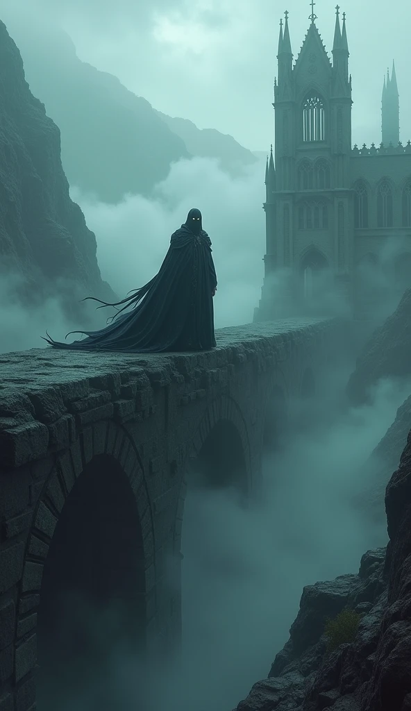 Panorami view, landscape, huge ancient bridge hiddrn in fog, a dark sorcerer standing on an huge ancient bridge, creating a magical fog that covers the bridge and the surrounding area, the bridge towering over a deep ravine, dark fantasy, horror, (best quality,4k,8k,highres,masterpiece:1.2),ultra-detailed,(realistic,photorealistic,photo-realistic:1.37),HDR,UHD,studio lighting,ultra-fine painting,sharp focus,physically-based rendering,extreme detail description,professional,vivid colors,bokeh,dark fantasy,dark art,occult,mystical,supernatural,fantasy landscape,cinematic lighting,dramatic shadows,moody atmosphere,ominous presence,powerful magic,swirling fog,gloomy ravine,crumbling bridge,gothic architecture,sorcerer robes,dramatic pose,intense expression,piercing eyes,detailed facial features, fantasy elemental, midjourneyv6.1