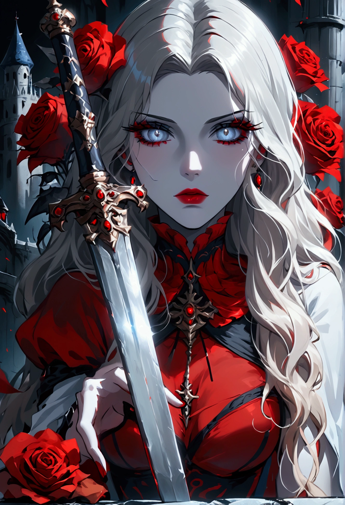 modisn disney, Arafed,  Dark fantasy art, fantasy art, goth art, a picture of a female vampire, pale white skin, blond hair, (full body shot: 1.3) anatomically correct, Ultra detailed face, Best Detailed face, long hair, wavy hair, (glowing grey: 1.3) eyes, she wears a (red: 1.3) red thigh suit, she holds a sword in hand, (ready for battle: 1.4) , the roses are imprinted on the suit (black: 1.4) black roses, high heels, , dark glamour shot, dark castle, dark, black and color, PASTELGOTH, SwordMaiden,