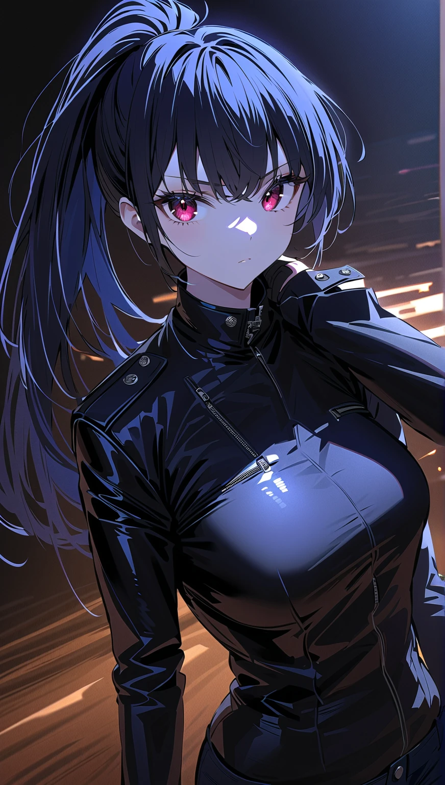 pixiv, 1girl, bangs, dark purple hair half blue, deep and detailed blue eyes, melancholic expression, black leather clothing, serious expression, eyelashes, modern, long hair, slightly wavy hair, neckline, collarbone, black open jacket, lock, medium breasts, shiny skin, badass, seductive, lock, red lips, looking at viewer, closed mouth, cinematic lighting, pale skin, dark background, wavy hair, {beautiful detailed eyes:1.5}, detailed black clothing, cinematic light, shaded face:1.5, dynamic angle:1.5, extremely detailed, volumetric lighting, delicate girl, cleavege, mature female, {masterpiece:1.5), {ultradetailed:1.5) film camera, chromatic aberration:1.5) (HDR:1.9), (CG:1.5), (specular lighting:1.1) Very dark and detailed background:1.21) expressionless, dark atmosphere, long wavy hair, loose hair, hair ornament, dynamic angle, dynamic pose, dramatic shadow, cinematic shadow, hard shadows:1.21), {traditional media:1.5), expressionless, mature female, mysterious look, sharp eyes, modern landscape, modern, focus on torso, focus on face, dynamic pose, pants