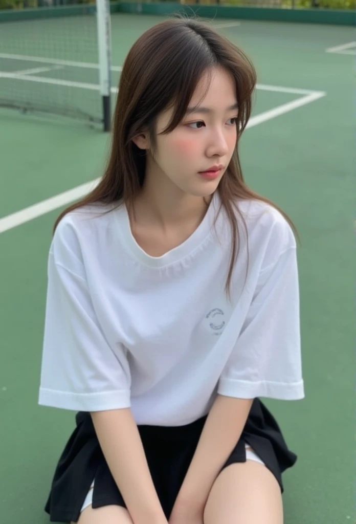 A photography of thai woman 18 years old wearing white short sleeve shirt knee pose, sitting on tennis Court,show panties under black mini skirt,