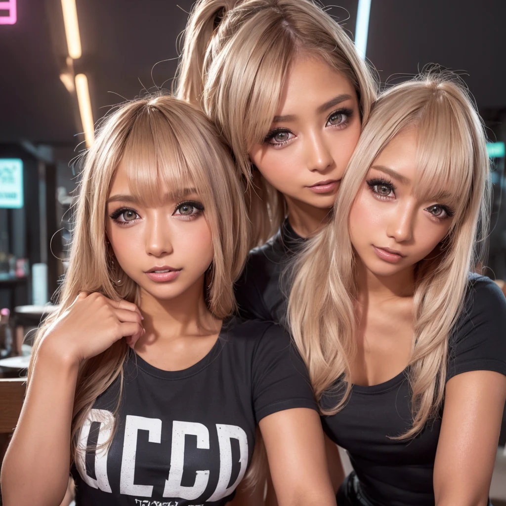 (woman with tanned skin),(Kissing Face)、Gal-style makeup、Gal-style dense shadow eyeliner、(Long eyelashes)、(Gal Style)、 (((View all panties)))、(((I always wear a skirt)))、(((Raise the hem of a skirt)))、Street in front of Tokyo Station、(Blunt bangs,Blonde),eggGAL,Little devil ageha、Huge saggy breasts、Very detailed、Miniskirt、Bra Top、sexy