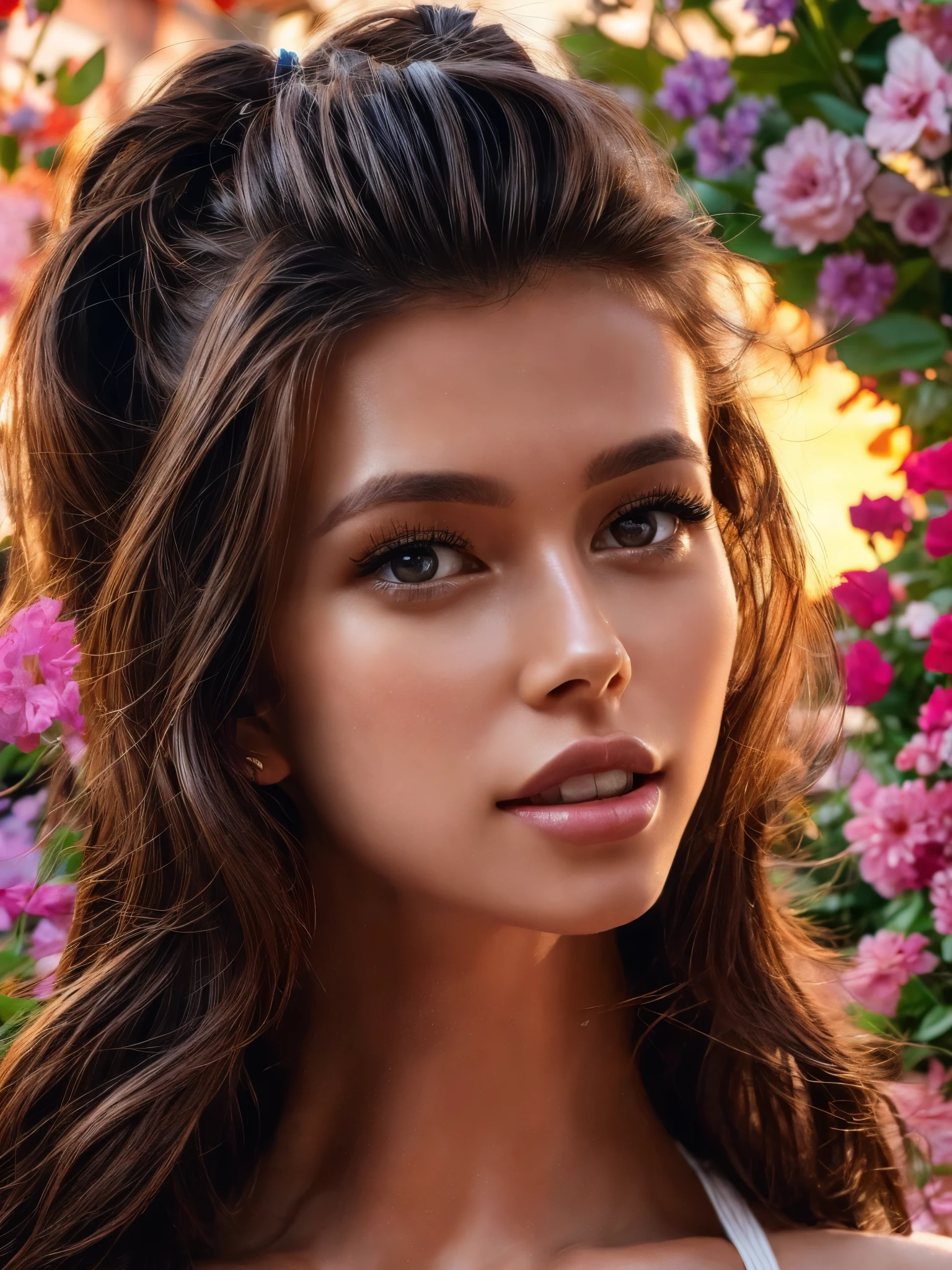 A gorgeous light brunette woman (Cristy Ren), wavy hair. large , blueeyes, she's a men magazine model. She has a subtle smile and flirts with the camera, (She wears a long blouse that covers her and belly and leather pants:1.2), ((surrounded by beautiful flowers)) (in sunset light:1.2), perfect eyes, perfect hands, perfect body, perfect hair, perfect , hair behind ear, UHD, retina, masterpiece, accurate, anatomically correct, textured skin, super detail, high details, high quality, award winning, best quality, high res, 16k, 8k