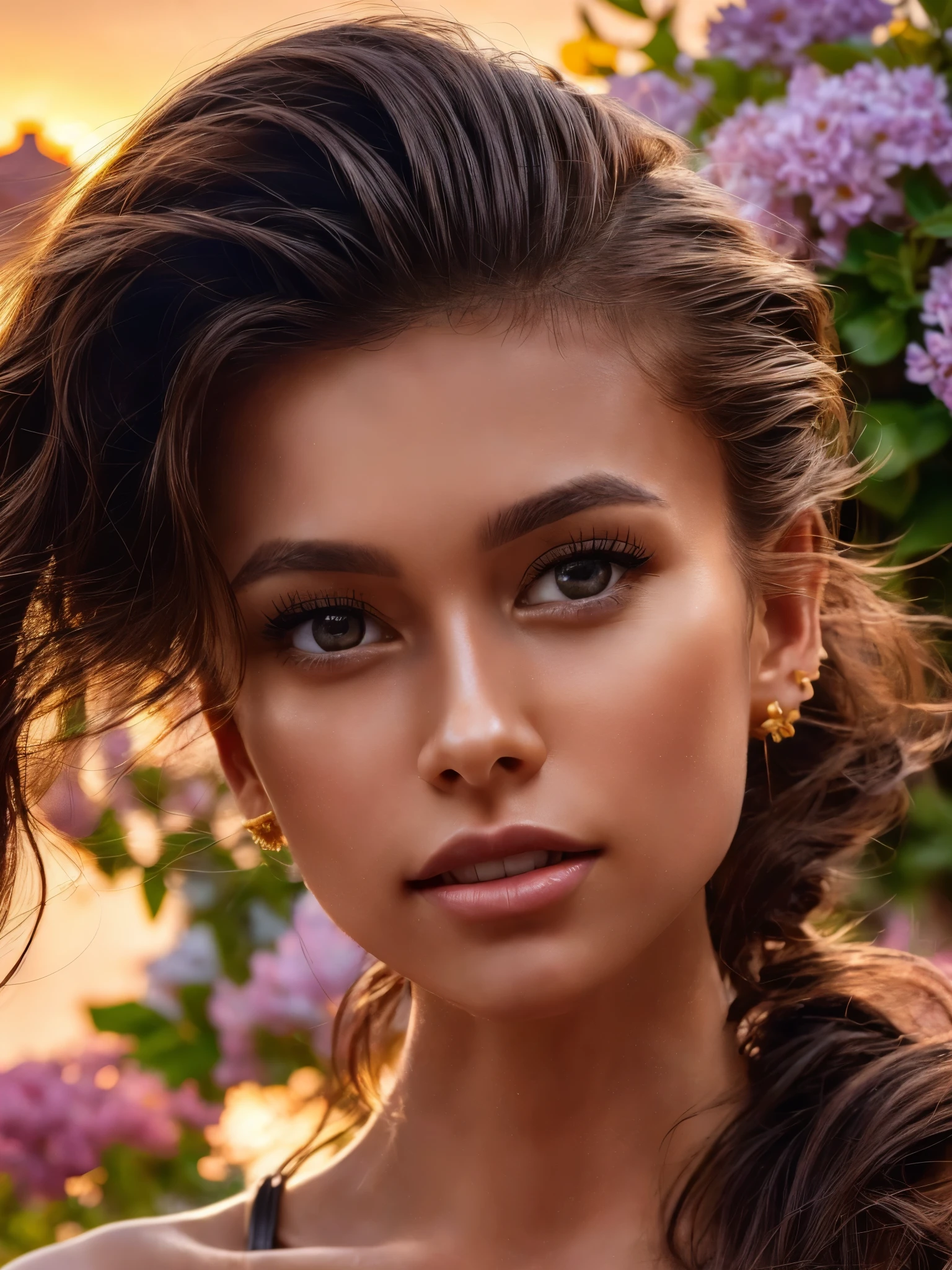 Ultra-realistic scenes, Parallel world, God-like tropical exotic plants, cult, Tropical flowers, Unusual art, Unique art, Summer blue sky background, sunlight, bright sunlight, Blender, Product Rendering, High quality 8K. 1girl, Cute 1 girl､White garter set､((Face close-up))､Face close-up､masterpiece, 最high quality, high quality, High resolution, super big breasts sexy､(Hairstyle_ponytail)