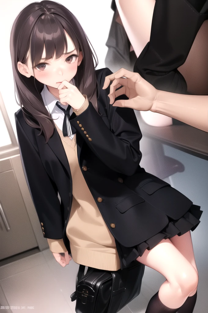  1 girl, Alone, Long Hair,  viewers, , bangs, skirt,  simple background,  brown hair,  shirt,  Long Sleeve , White background,（ make you blush， Shy ）,  school uniform,  standing ,  jacket, white  shirt, pleated skirt, Open clothes, socks, collared  shirt,  raises her hand, miniskirt, 弓tie, bag, open  jacket, black  jacket,  head tilt ,  Sleeves Over Wrist , kneehighs, swept bangs,  plush,  blazer,  backpack in an abandoned house,  Cardigans ,  plush,  wing color , green skirt, black socks, （skirtを手でたくし上げる,  pink panties），masterpiece,  best quality,  several people having fun with each other while having very detailed 