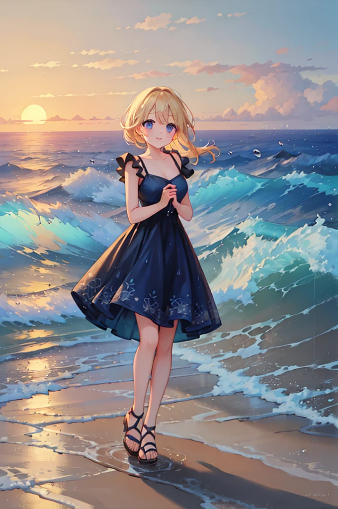 (8k,  super quality, masterpiece:1.2),  ultra high resolution,  One Woman , cute,  smaller breasts, blonde, Navy Blue Dress, Red floral pattern, Sandals, Hawaiian Dress, whole body, soaked,  like a ,  best smile, sea, sea水浴, Water Drop, whole bodyにWater Drop,  their chest is soaked in water , Lots of water, Water Play, 