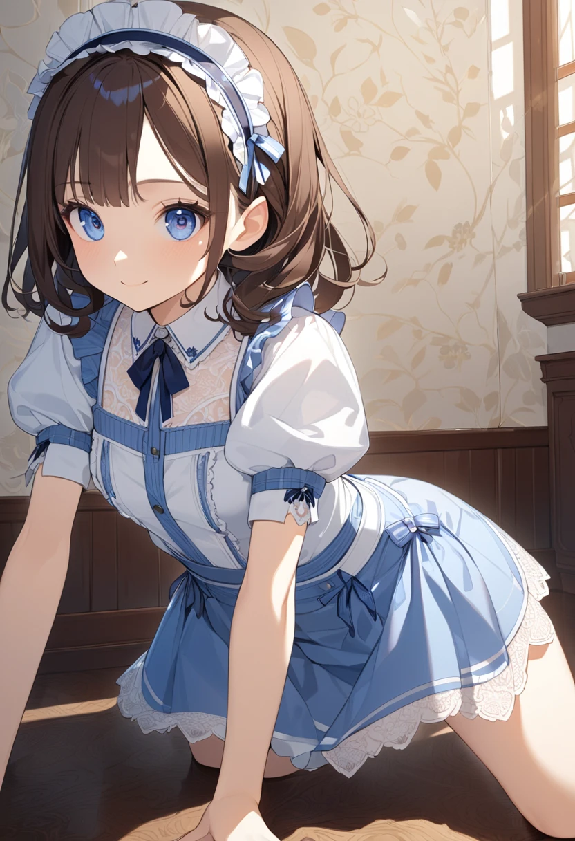 1girl,android,blue dress,blue eyes,blush stickers,bow,bow panties,brown hair,cleft of venus,clothes lift,curtains,dress,dress lift,eyelashes,gloves,indoors,joints,lamp,looking at viewer,maid,maid headdress,muntins,nightstand,open mouth,pale skin,panties,panty pull,parted lips,pussy,robot joints,short hair,smile,solo,underwear,white gloves,white pantie,window